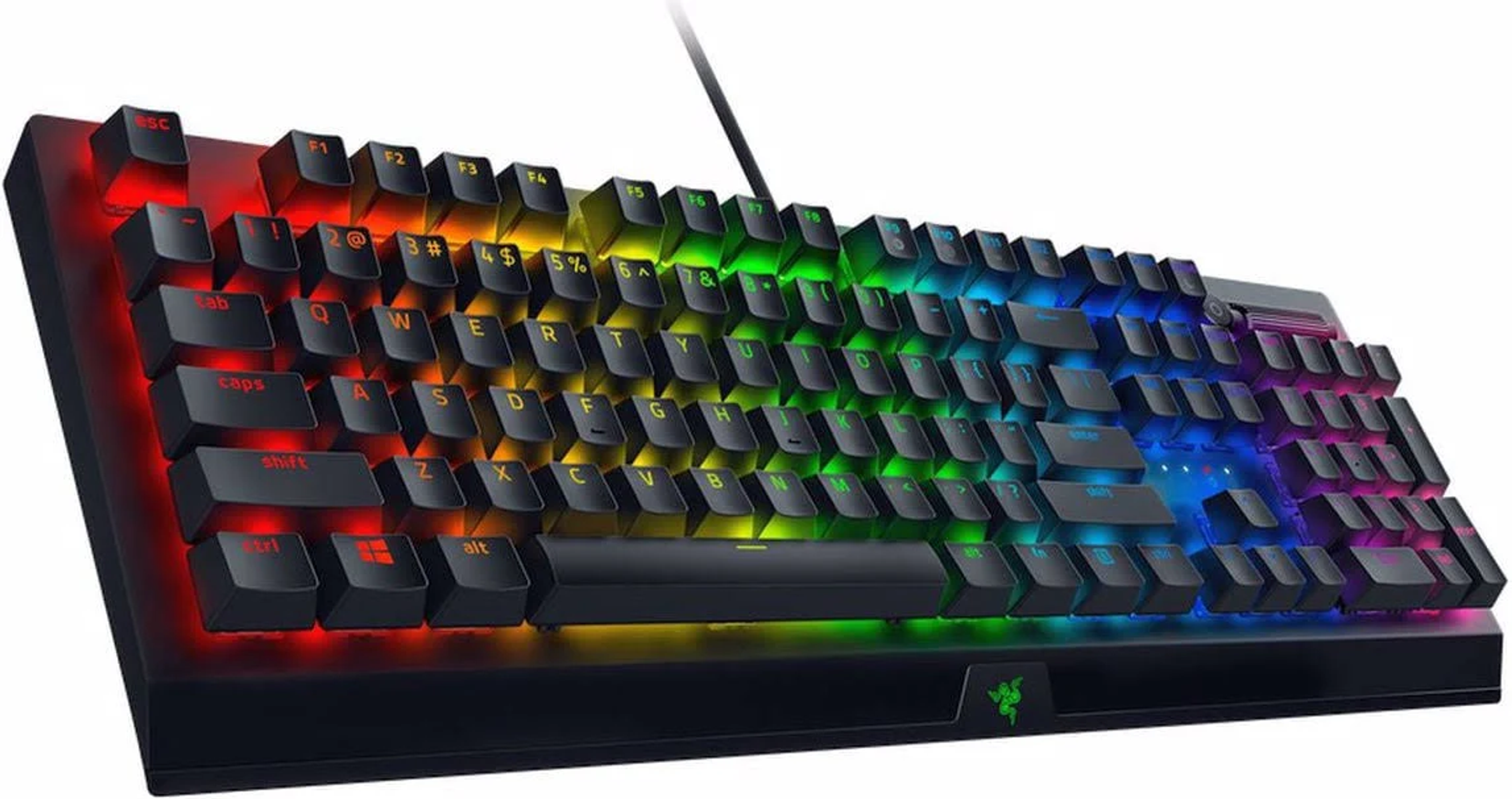 Czarna klawiatura Razer z kolorowym oświetleniem LED. Klawisze są czarne, podświetlane w różnych kolorach.
