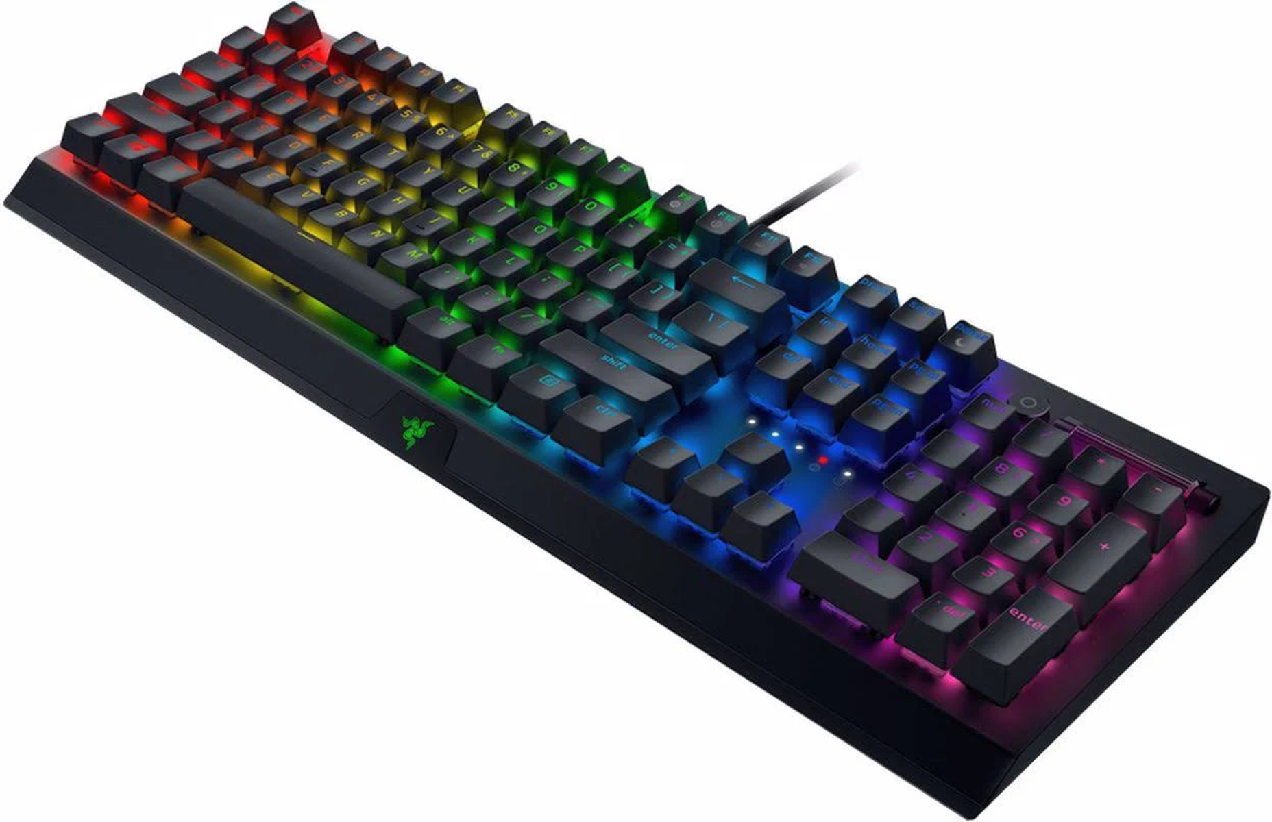 Czarna klawiatura z tęczowymi klawiszami.