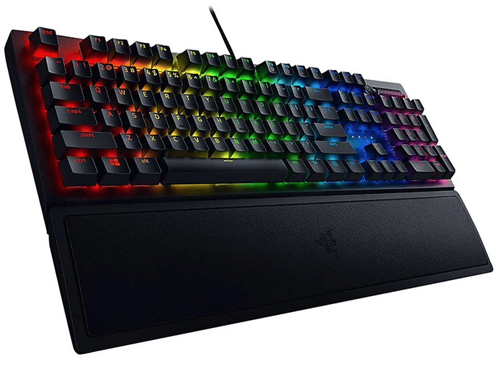 Czarna klawiatura z podświetleniem RGB. Posiada podpórkę na nadgarstek.