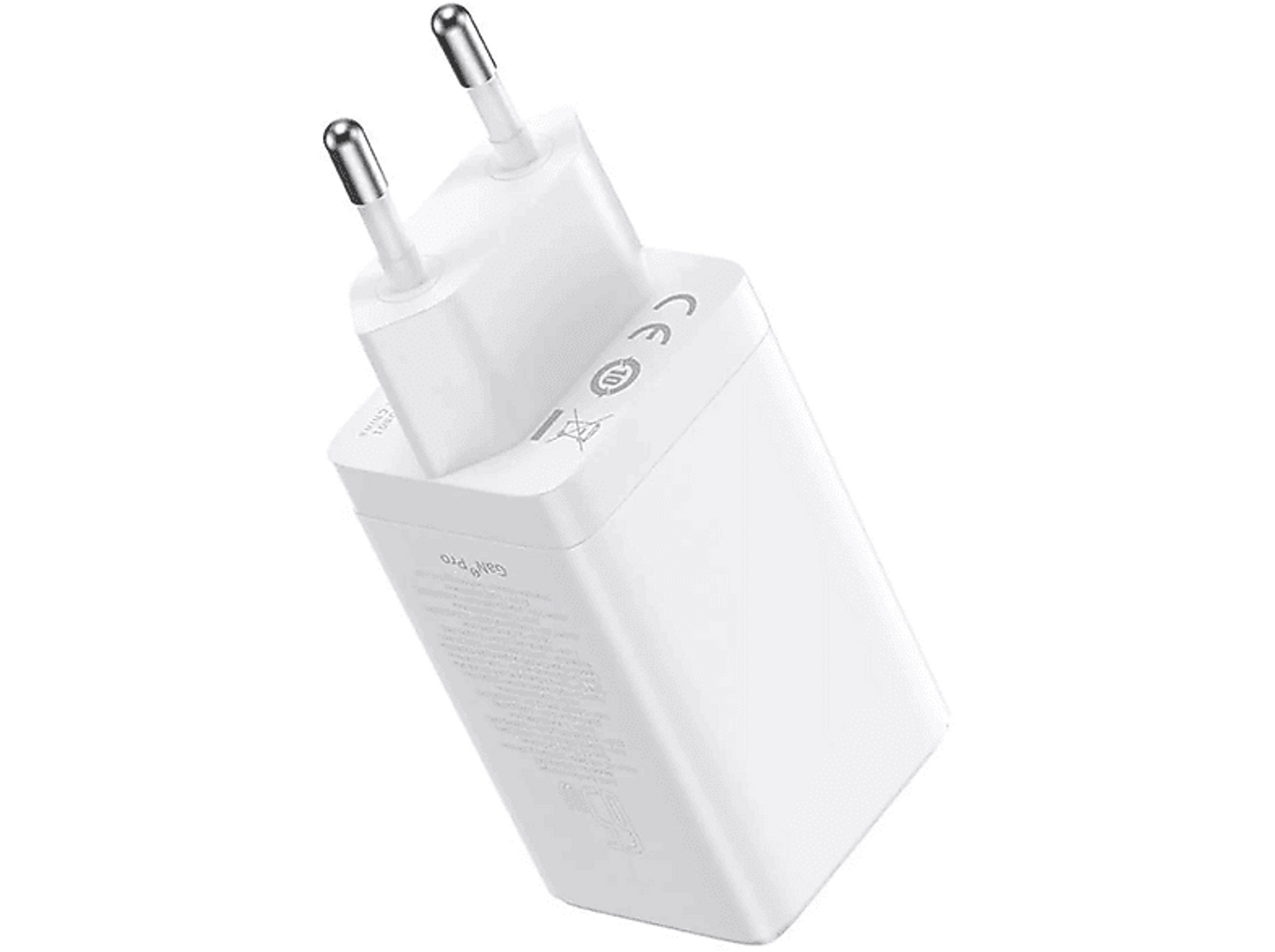 Biała ładowarka z dwoma bolcami, pod kątem, na ciemnym tle.