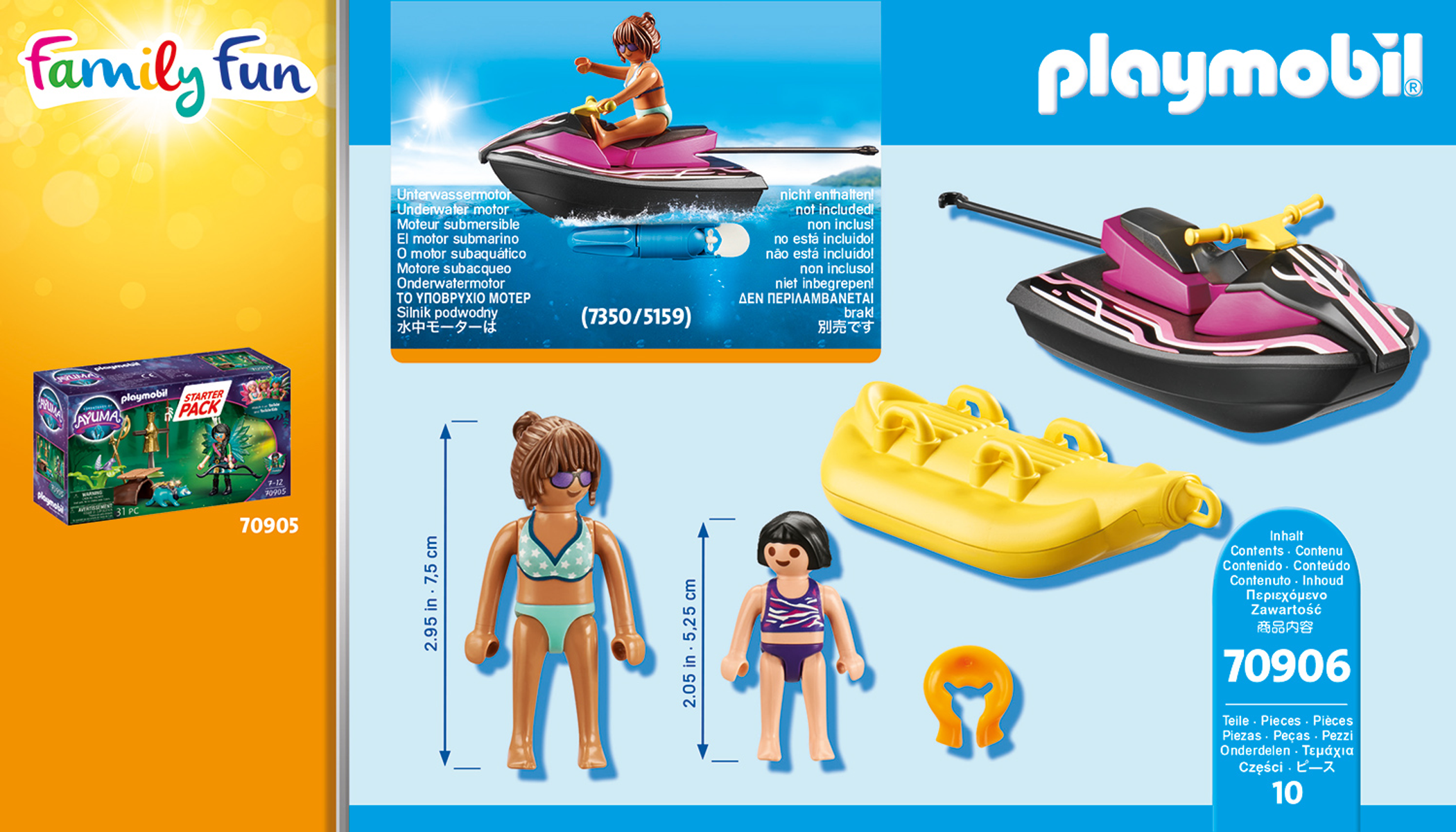 Zestaw Playmobil: skuter wodny, figurki i akcesoria na białym tle, z tekstem.