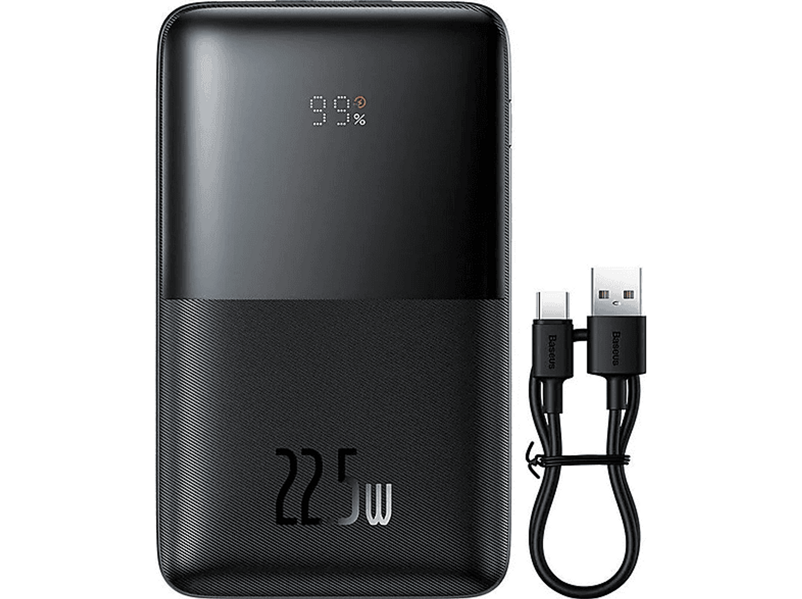 Banco de energía negro con pantalla digital. 99% de carga. Salida de 22,5 W. Cables USB-C y USB-A.