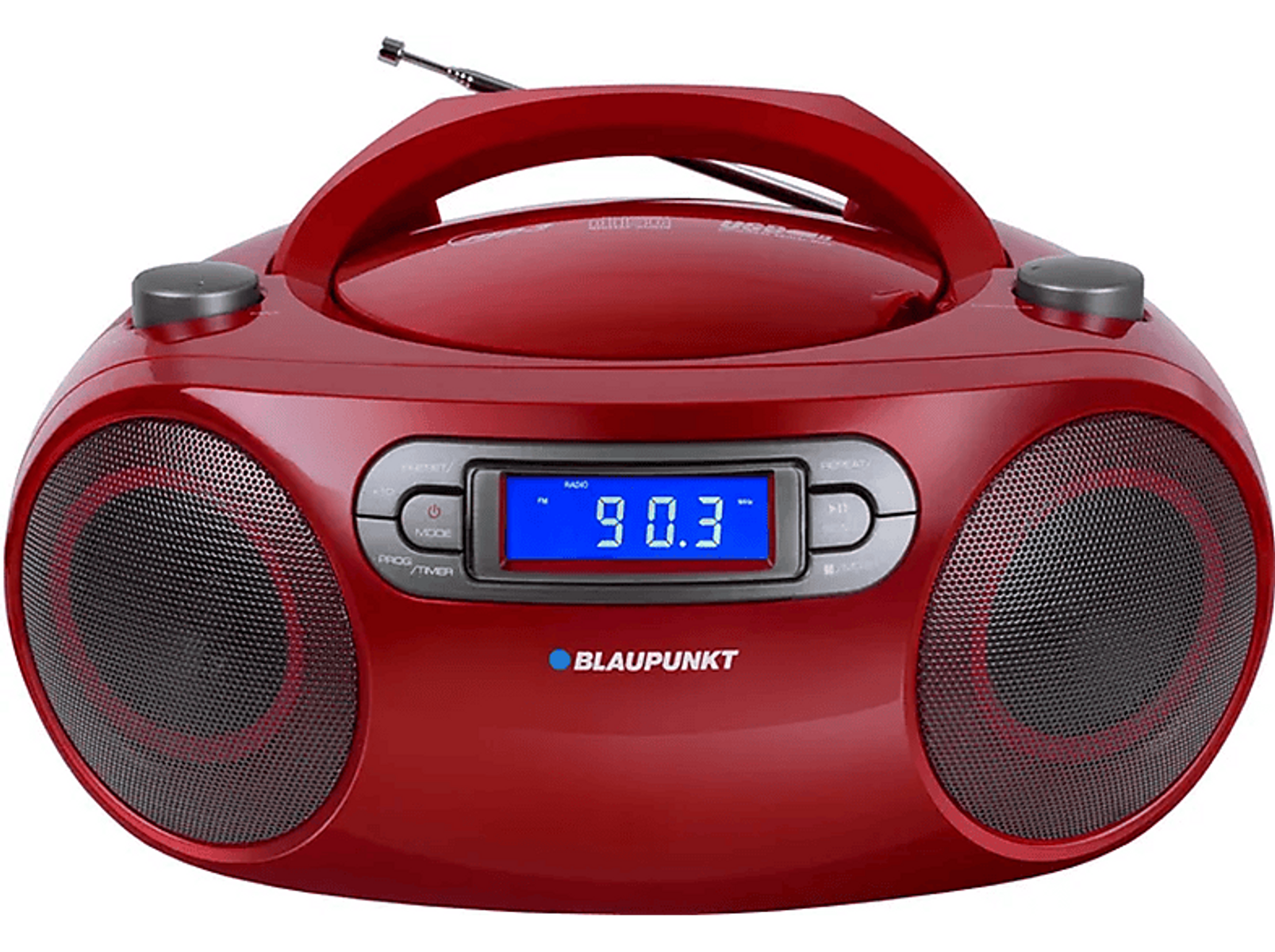 Rote Blaupunkt-Boombox mit Digitalanzeige 90.3. Hat Lautsprecher und einen Griff.
