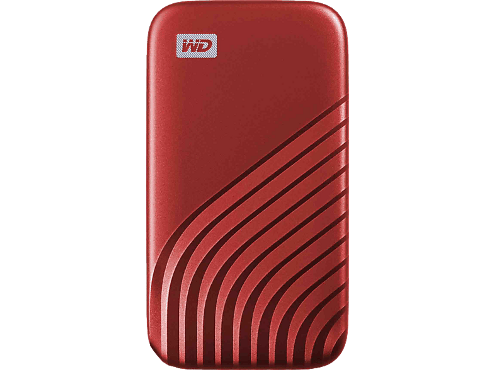 Czerwony zewnętrzny dysk twardy o zakrzywionym designie. Logo WD jest widoczne u góry.