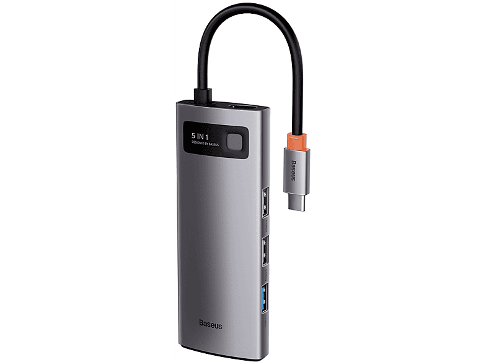 5-w-1 hub USB-C z wieloma portami. Szary kolor, z podłączonym kablem.