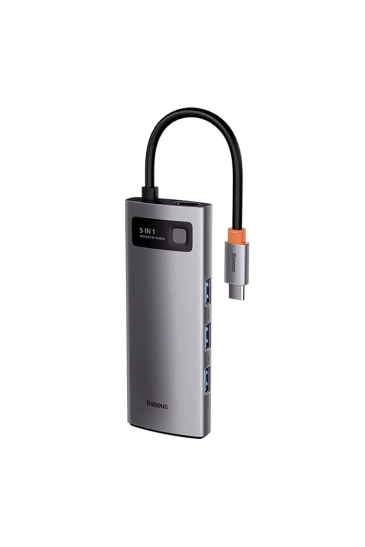 Srebrny hub USB 5 w 1 z czarnym kablem. Posiada trzy porty USB.