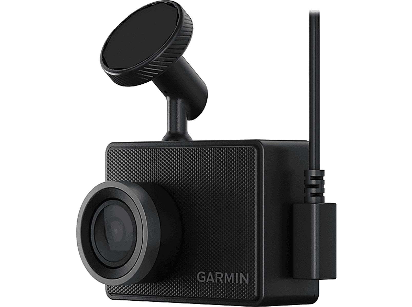 Cámara de salpicadero negra con lente, soporte y cable. Logo Garmin. Fondo blanco.