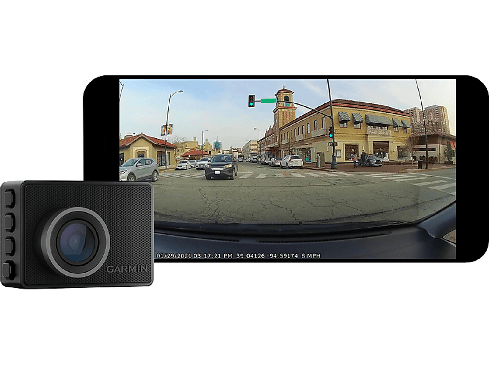 Dashcam que muestra una vista de la calle con coches y edificios, y una cámara Garmin.