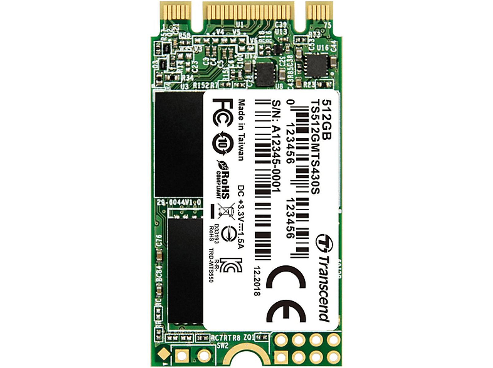 Dysk SSD. Dysk ma podzespoły elektroniczne i etykietę Transcend.
