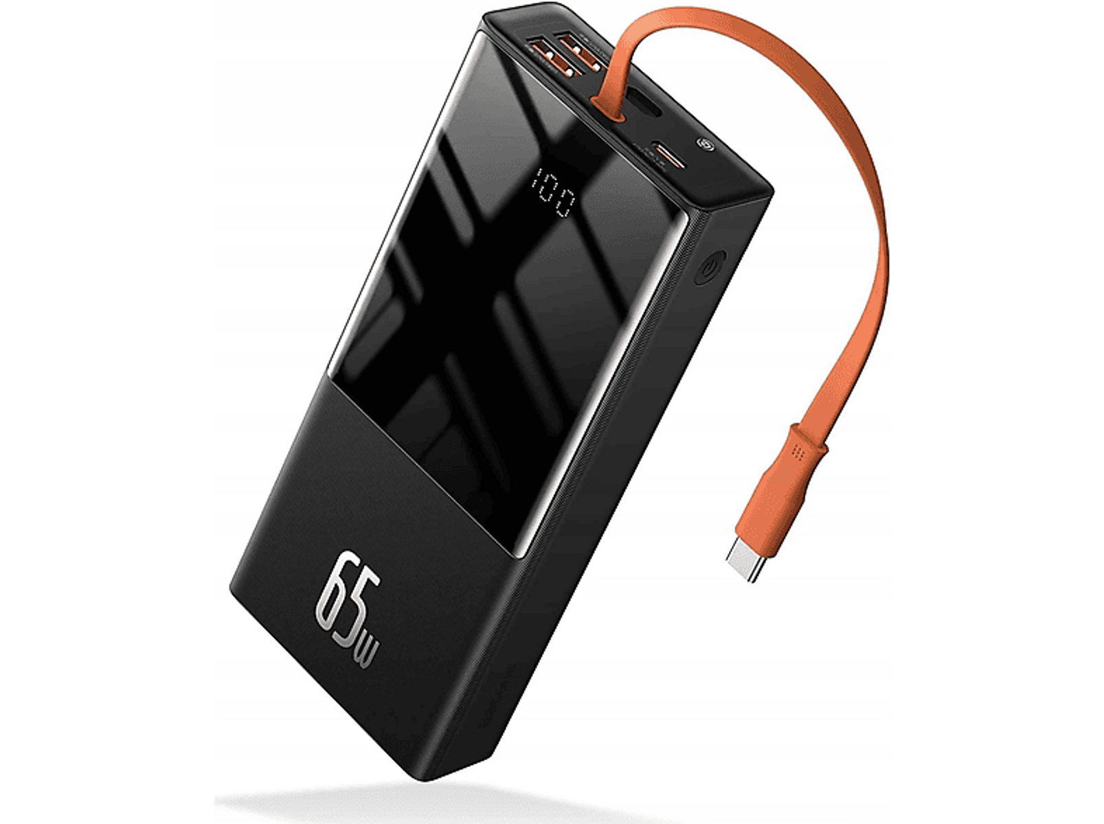 Banco de energía negro con pantalla digital mostrando 100 y cable de carga naranja, sobre fondo blanco.