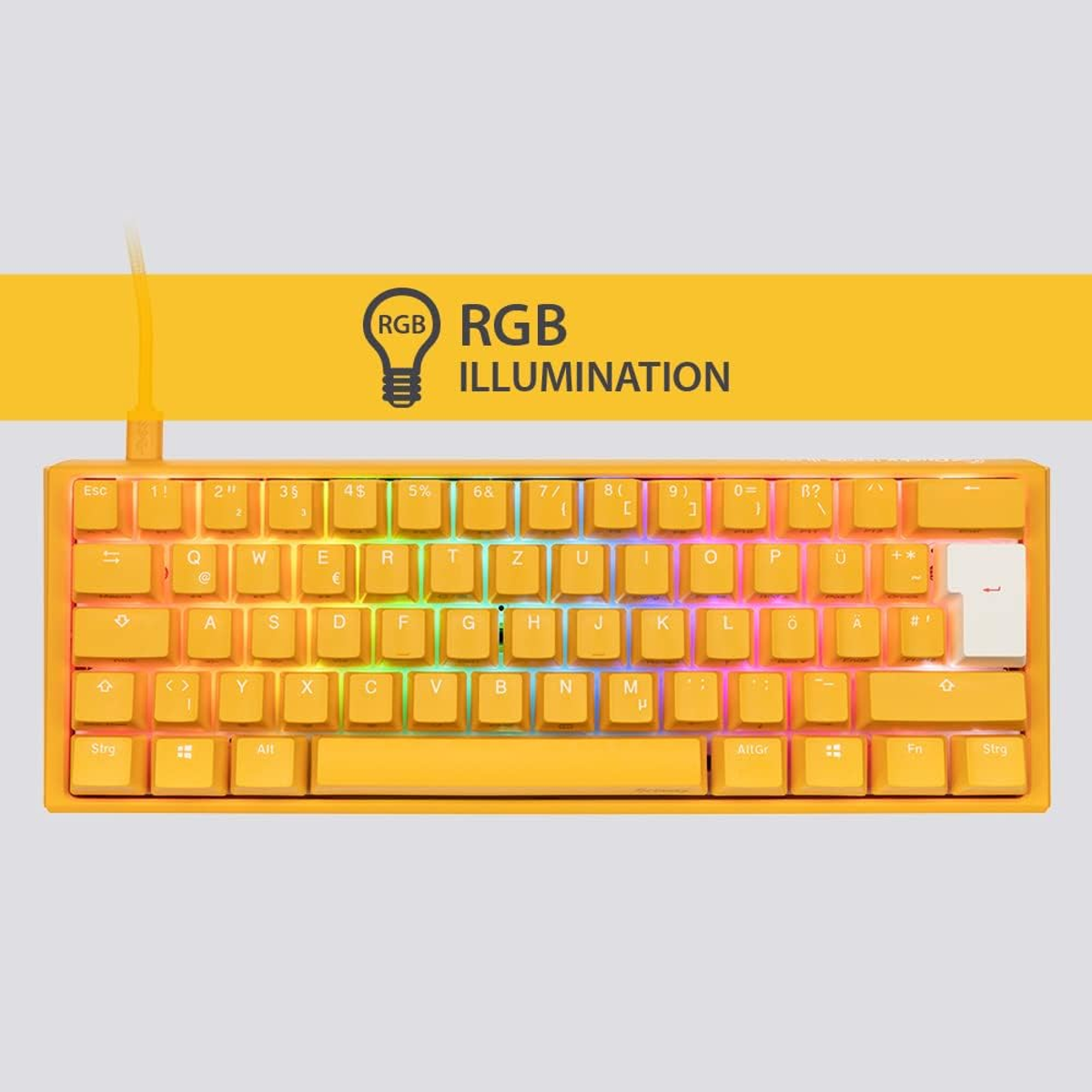 Tastiera gialla con illuminazione RGB, logo RGB e tasti bianchi.