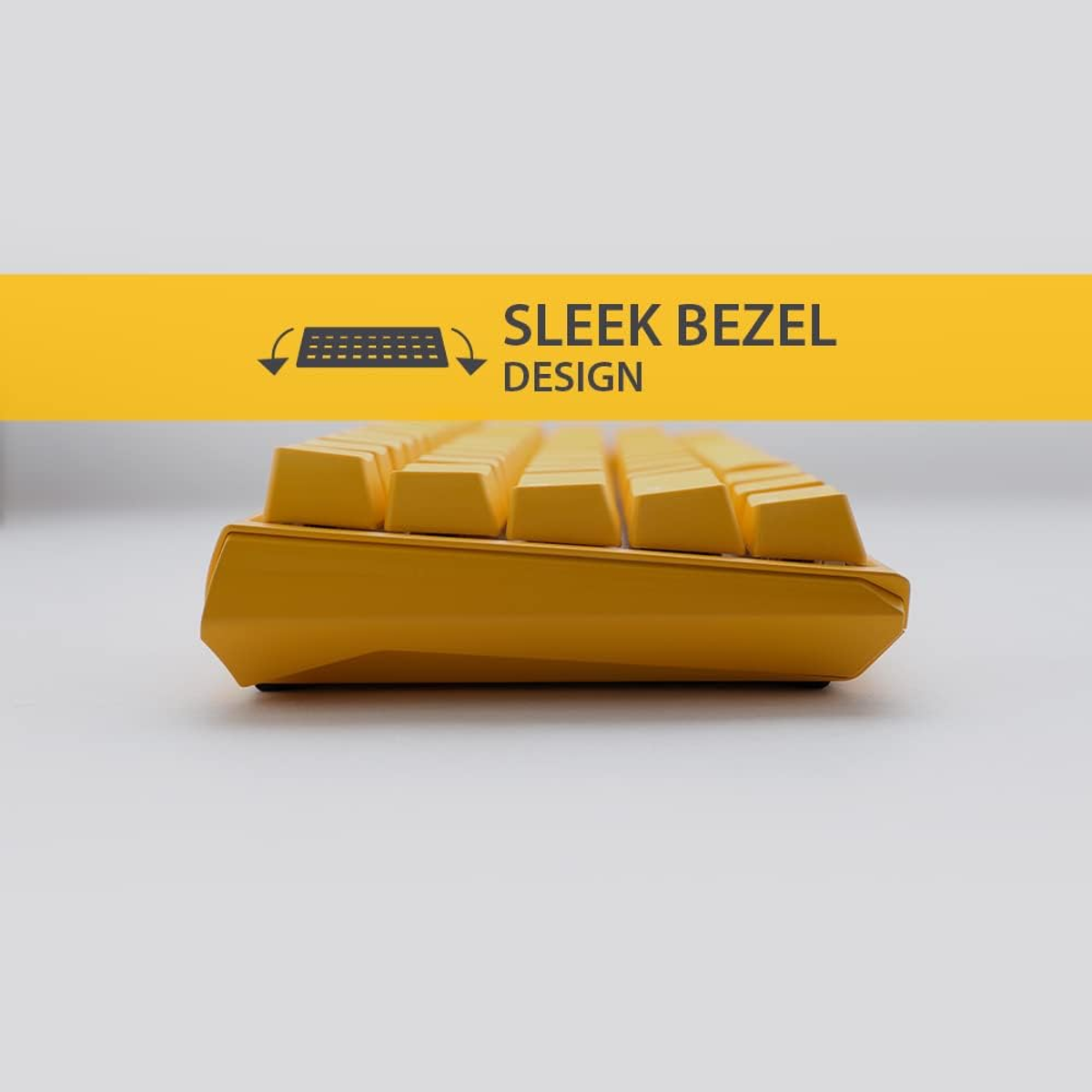 Tastiera gialla, vista laterale. Testo: 'Sleek Bezel Design'. Tasti gialli.