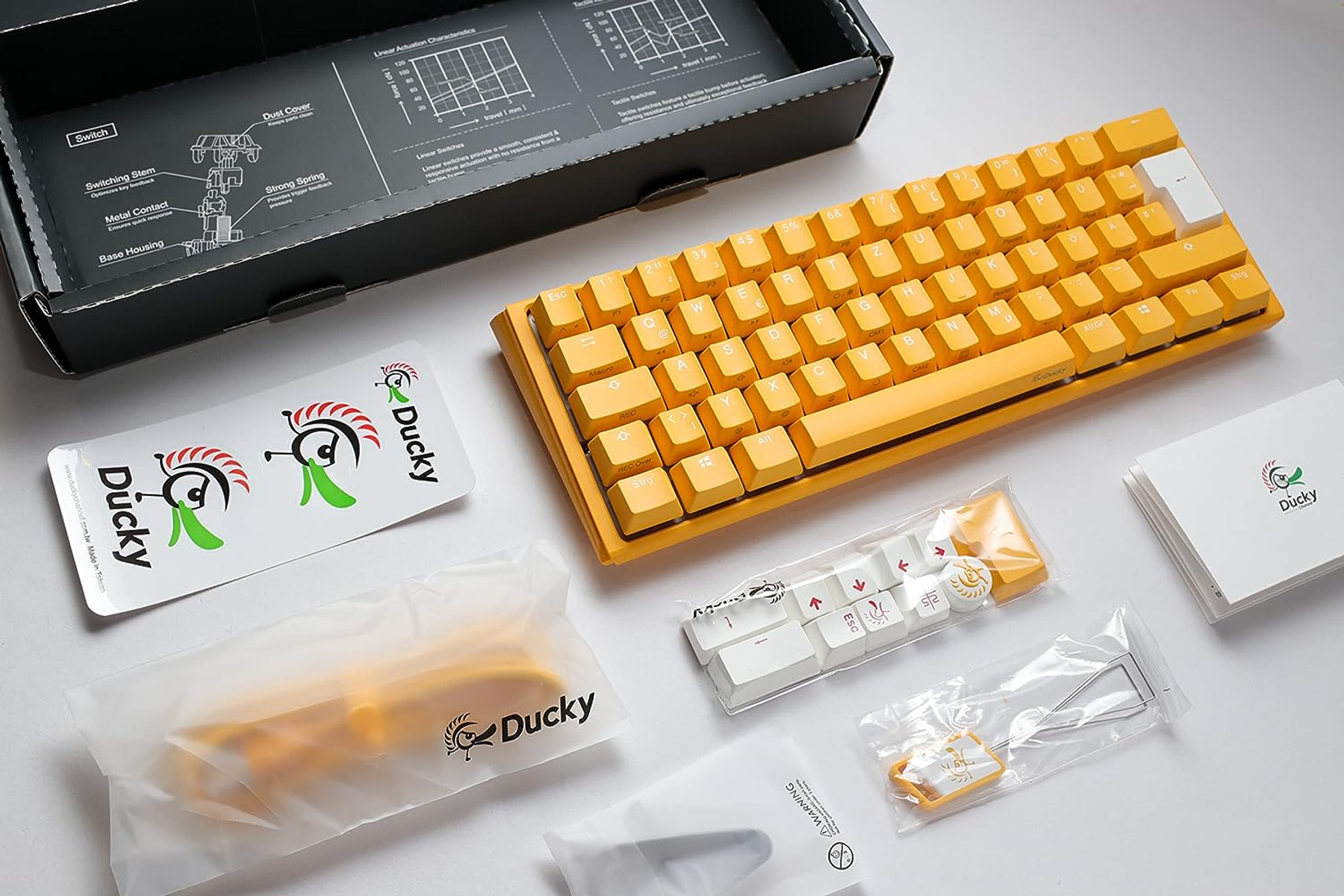 Tastiera gialla con accessori, inclusi keycaps e scatola con diagramma.