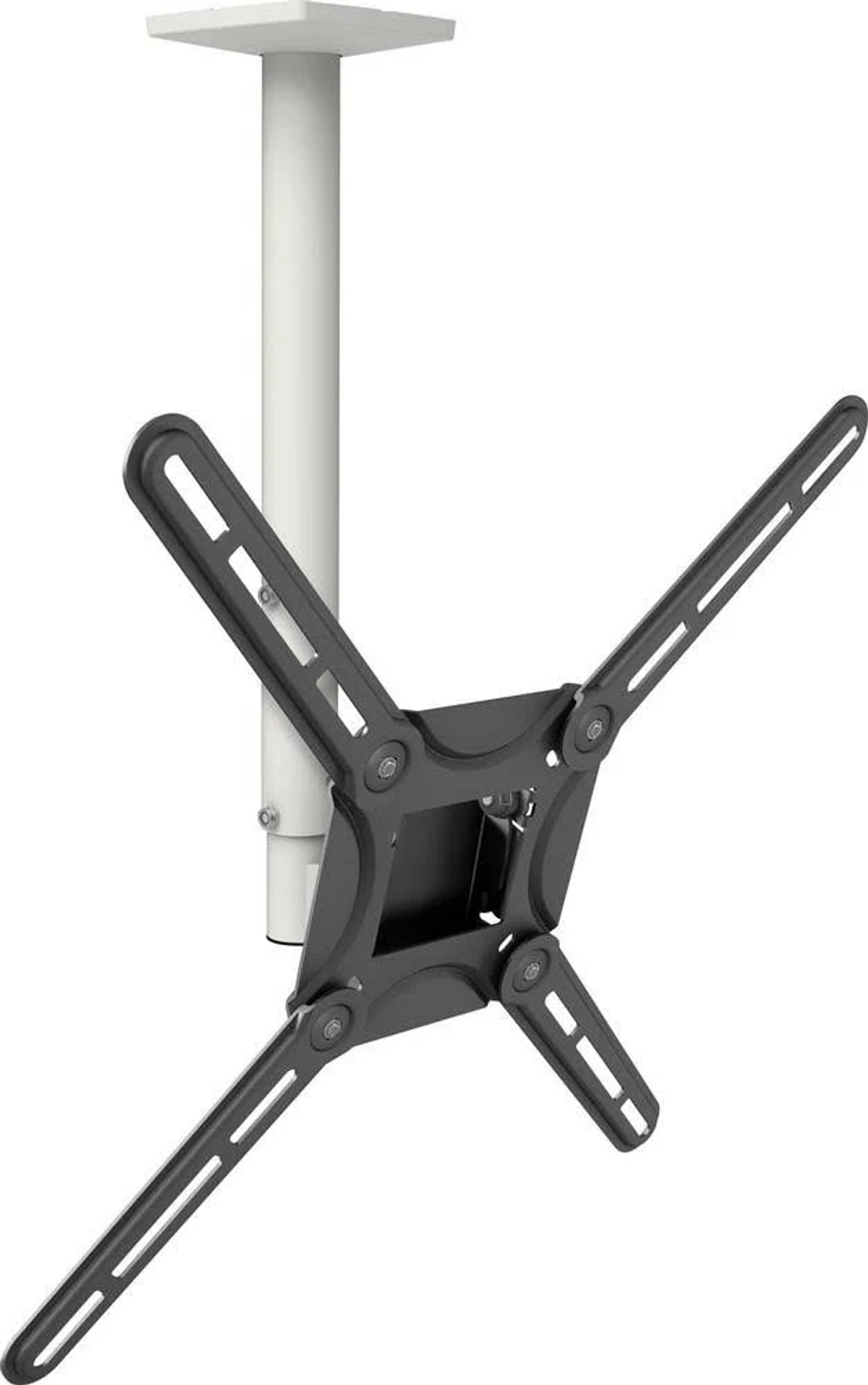 Soporte de techo para TV negro y plateado con brazos ajustables y un poste blanco.
