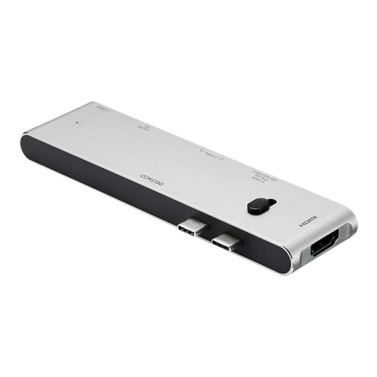 Silberner USB-C-Hub mit mehreren Anschlüssen, einschließlich HDMI, USB und USB-C, schräge Ansicht.