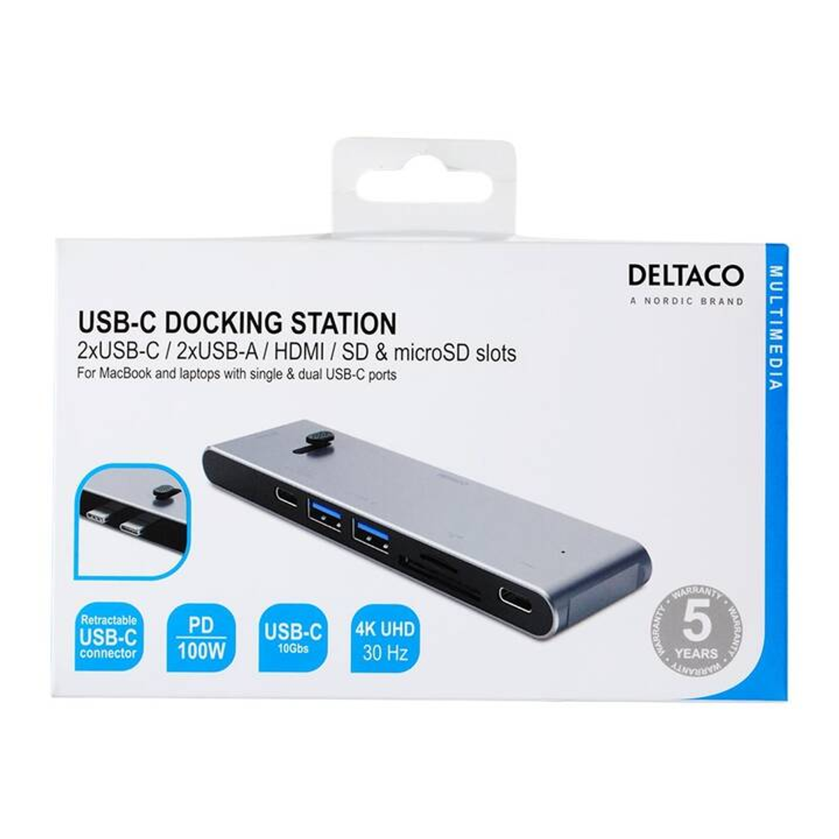 Eine USB-C-Dockingstation mit Anschlüssen und einer weißen Box mit Text. 'USB-C Docking Station'.