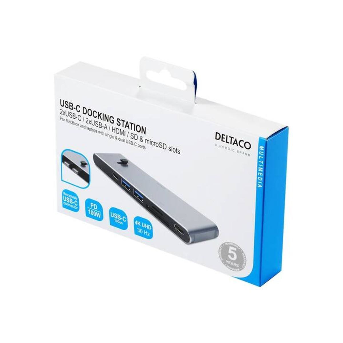 Dockingstation-Box. Hat Anschlüsse für USB-C, USB-A, HDMI, SD und microSD. Markenname DELTACO.