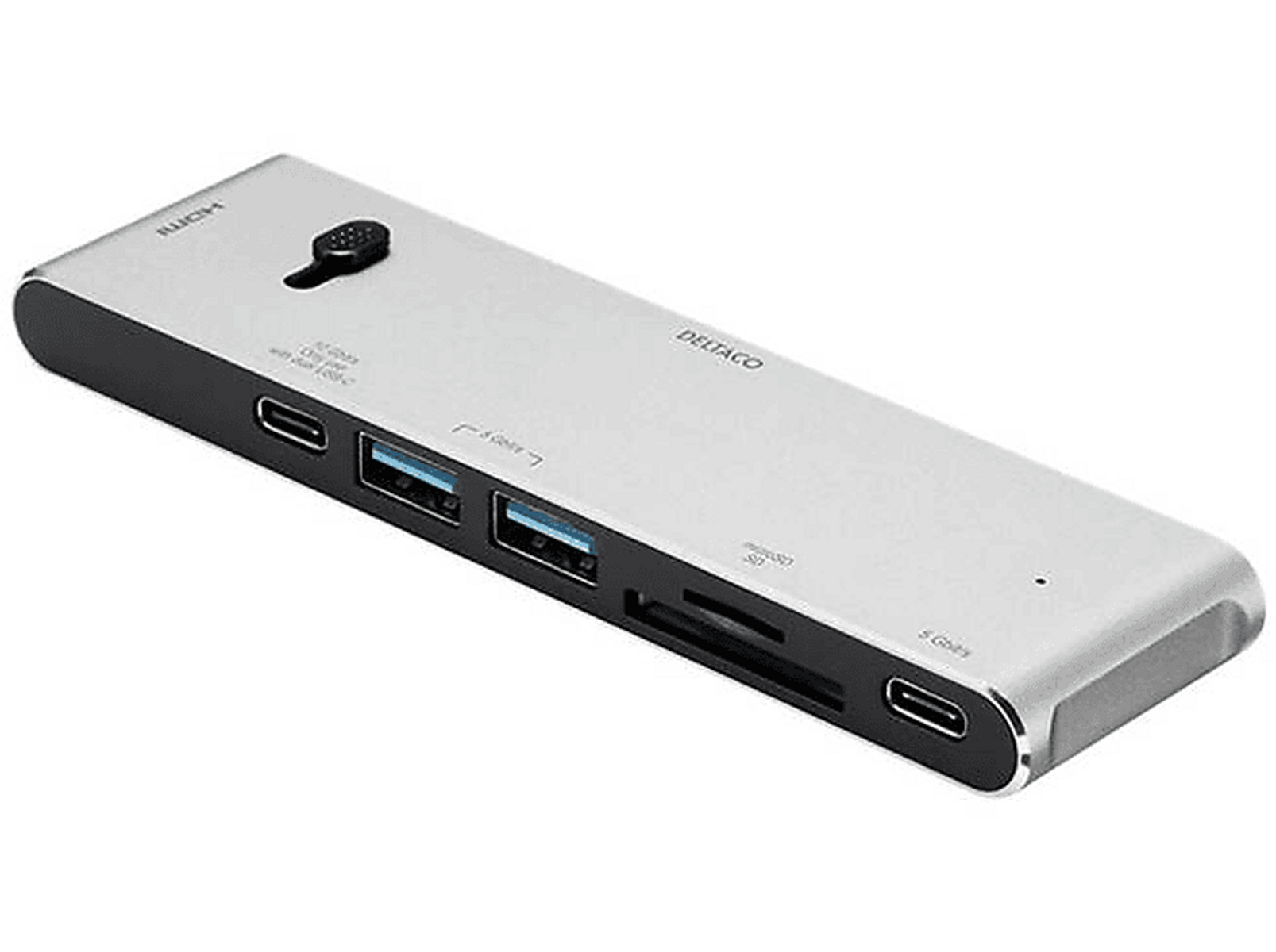 Ein silberner Hub mit USB-, HDMI- und SD-Karten-Anschlüssen auf weißem Hintergrund.