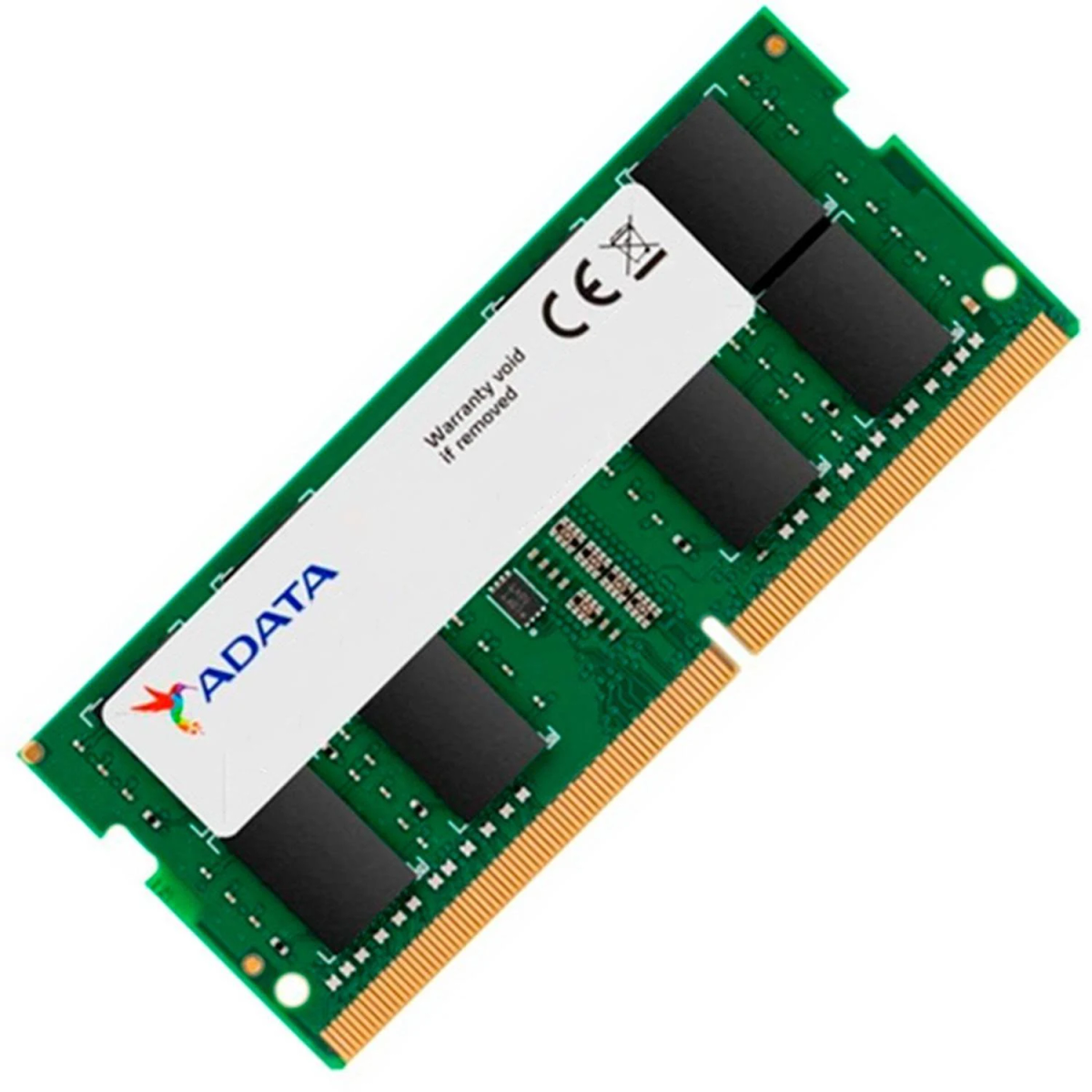 Zielony moduł RAM z czarnymi układami i białą etykietą. Ma złote złącza na dole.
