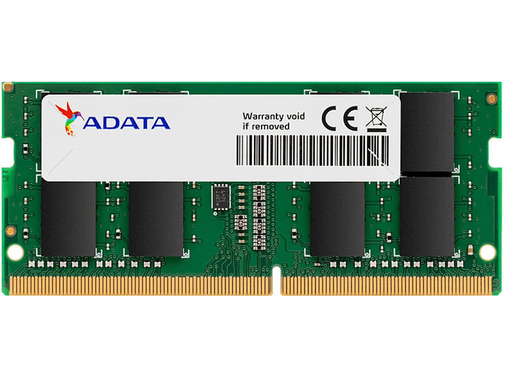 Zielony moduł RAM z białą etykietą i czarnymi układami.