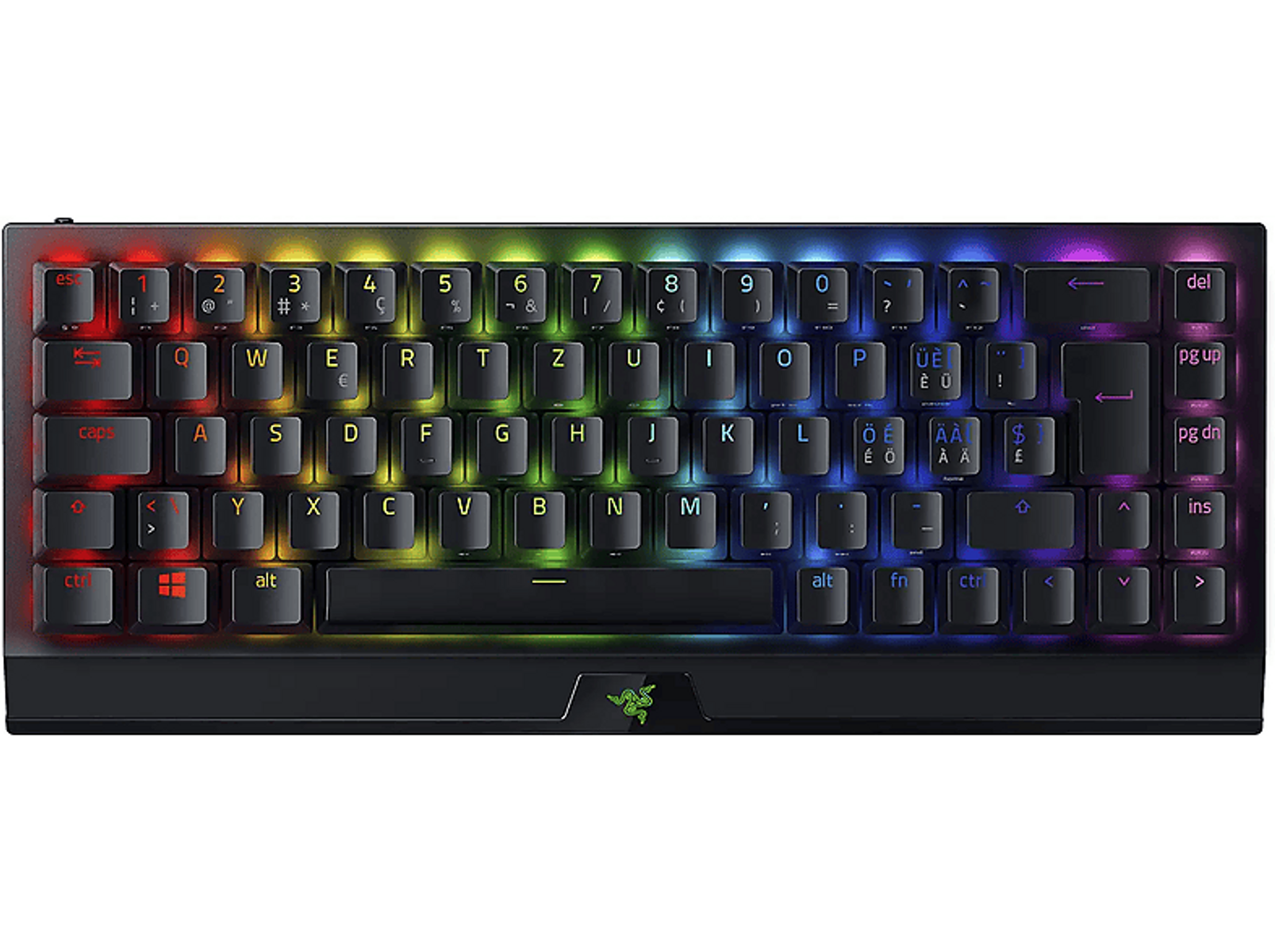 Tastiera nera con tasti colorati. Tasti arcobaleno e logo Razer. I tasti sono illuminati.