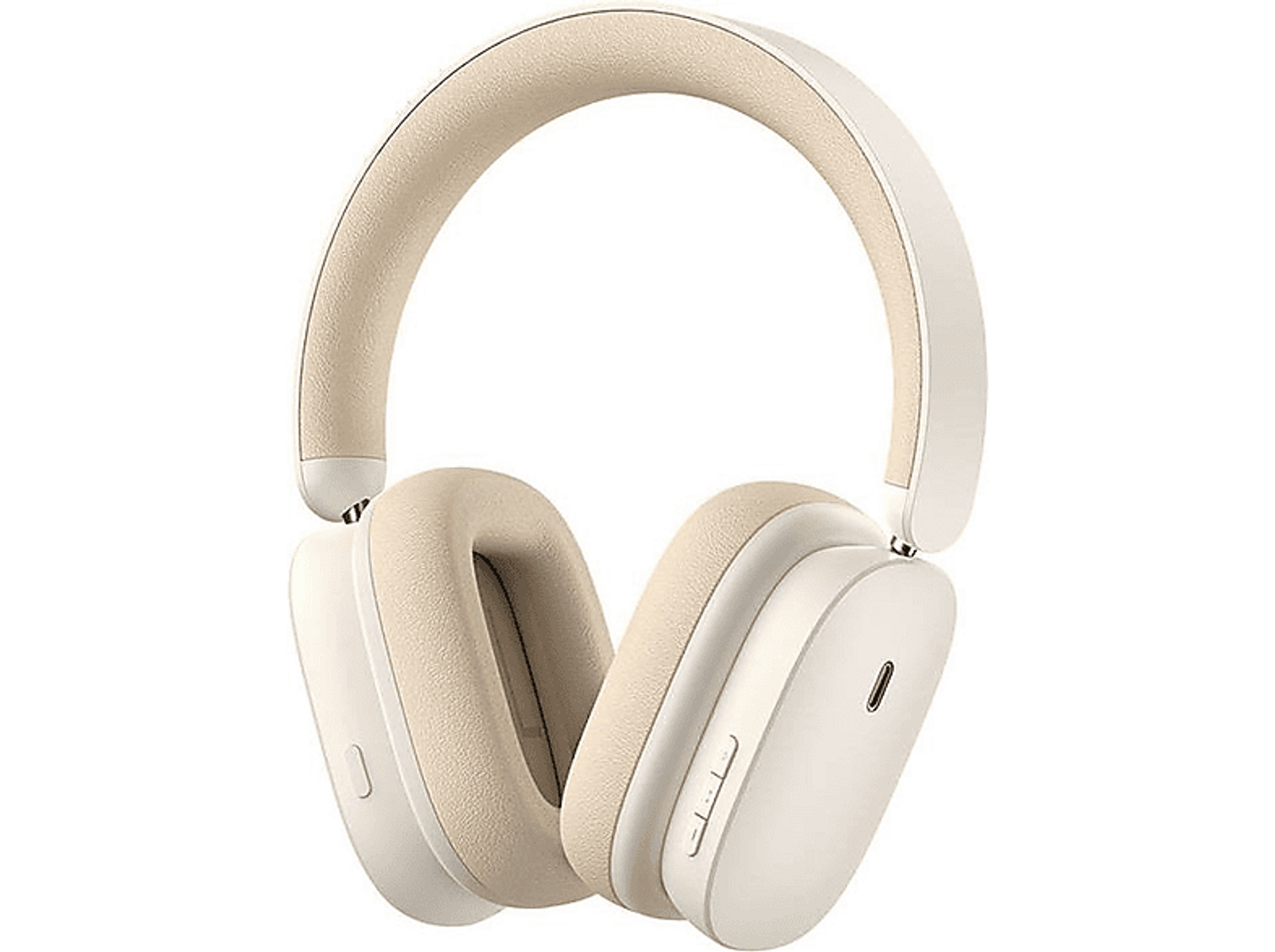 Cuffie bianco sporco con cuscinetti e fascia beige. Design minimalista.
