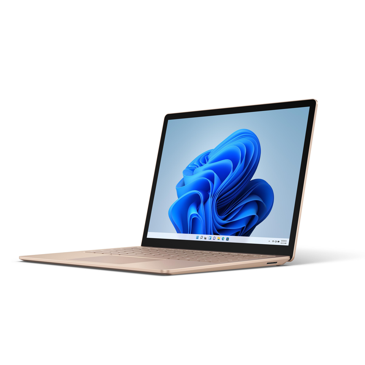 Goldener Laptop mit blauem und weißem Bildschirm.