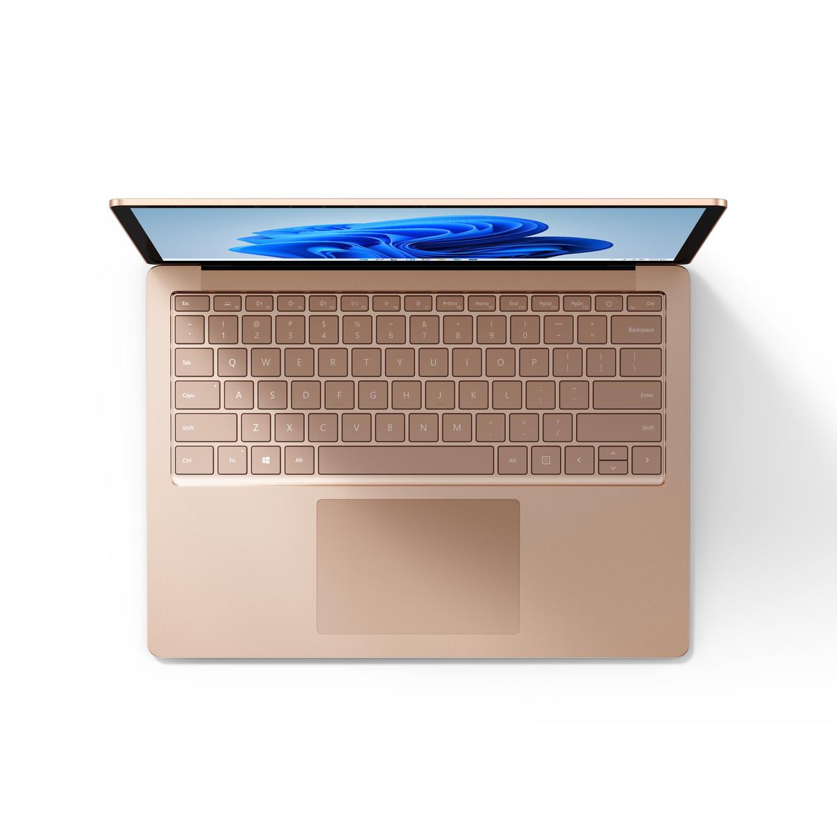 Goldener Laptop von oben geöffnet, Tastatur, Touchpad und Bildschirm mit blau-weißem Bild zeigend.