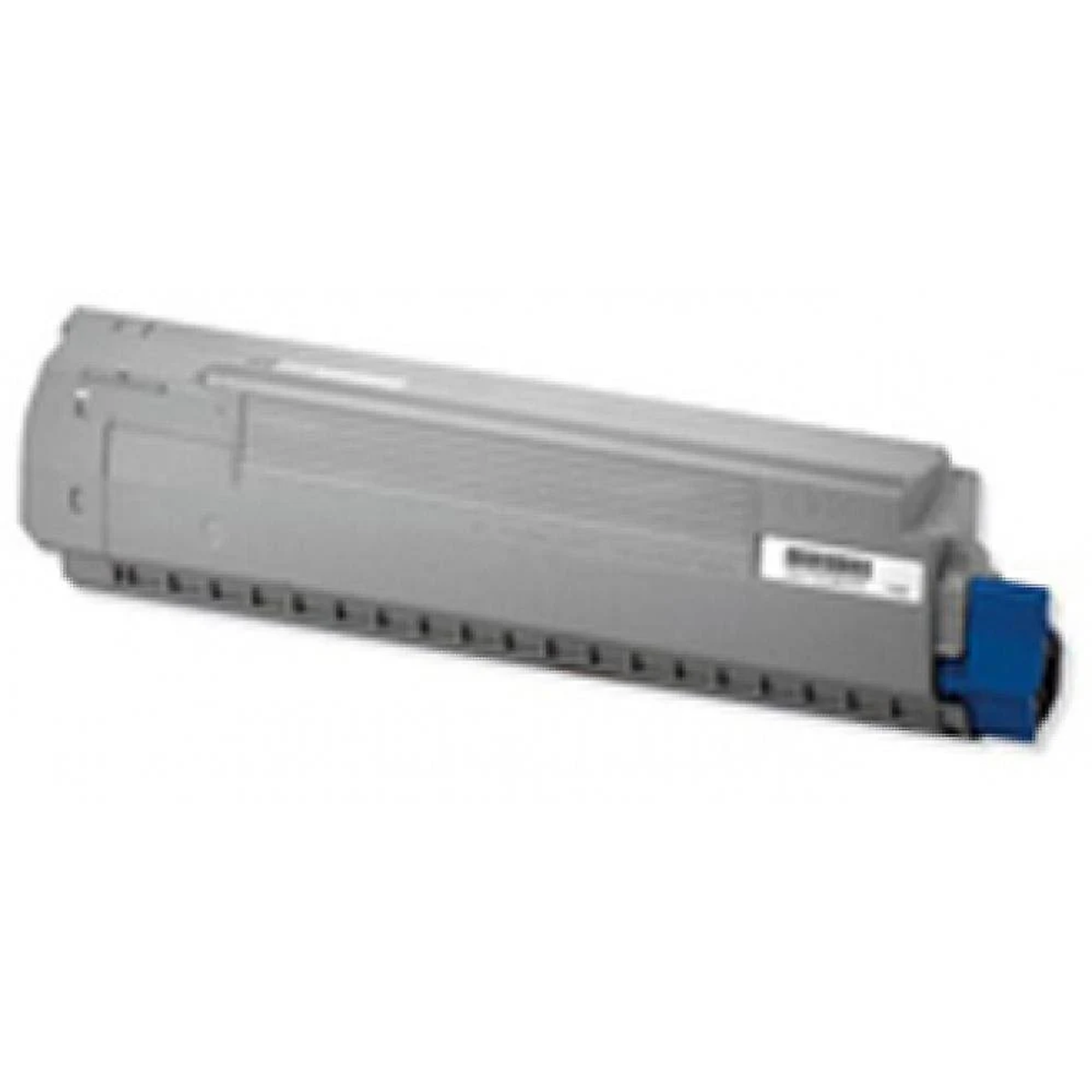 Grijze en blauwe printertonercartridge op witte achtergrond. Blauwe eindkap.