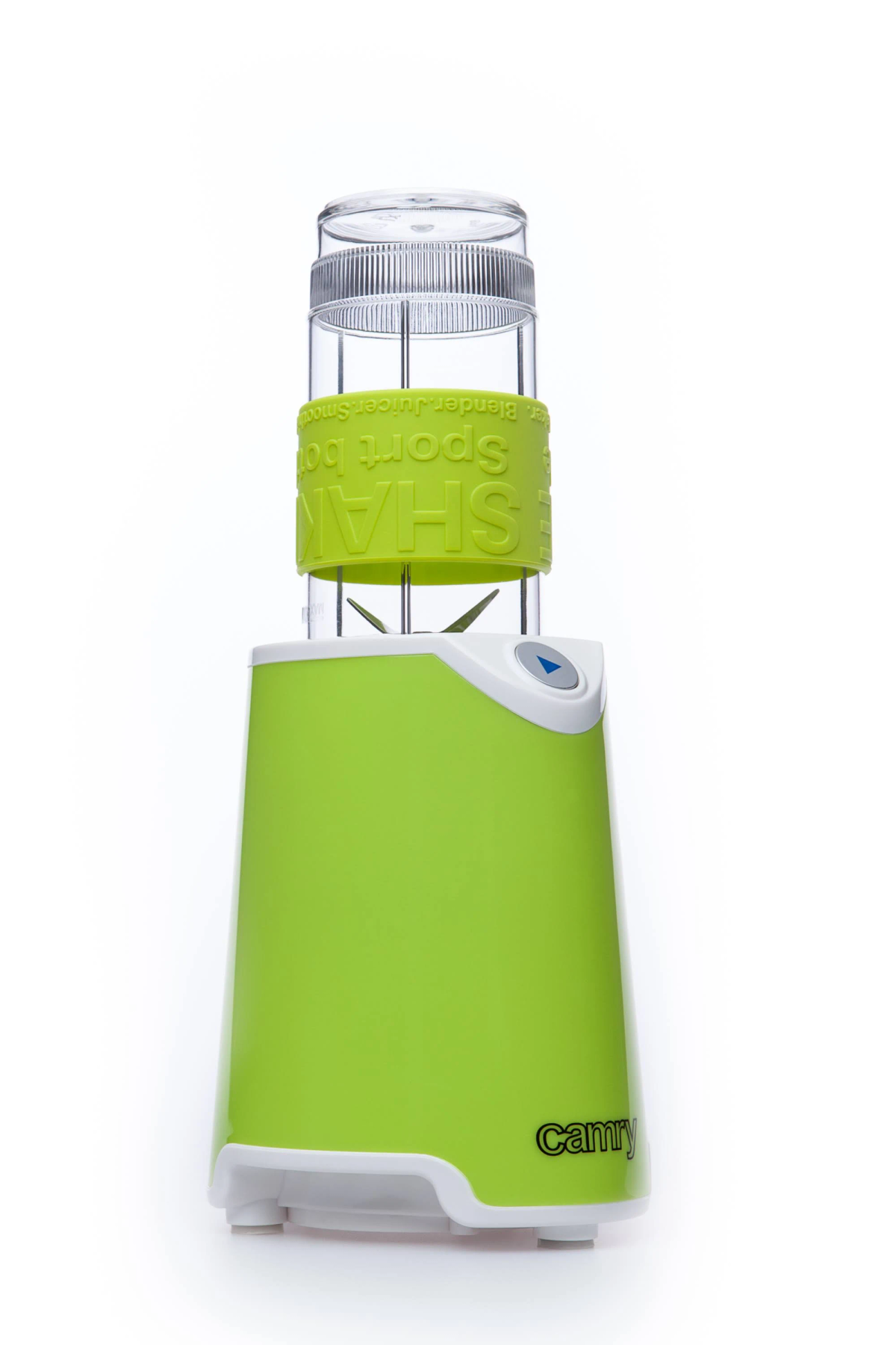 Frullatore Camry verde e bianco con una tazza trasparente sopra.