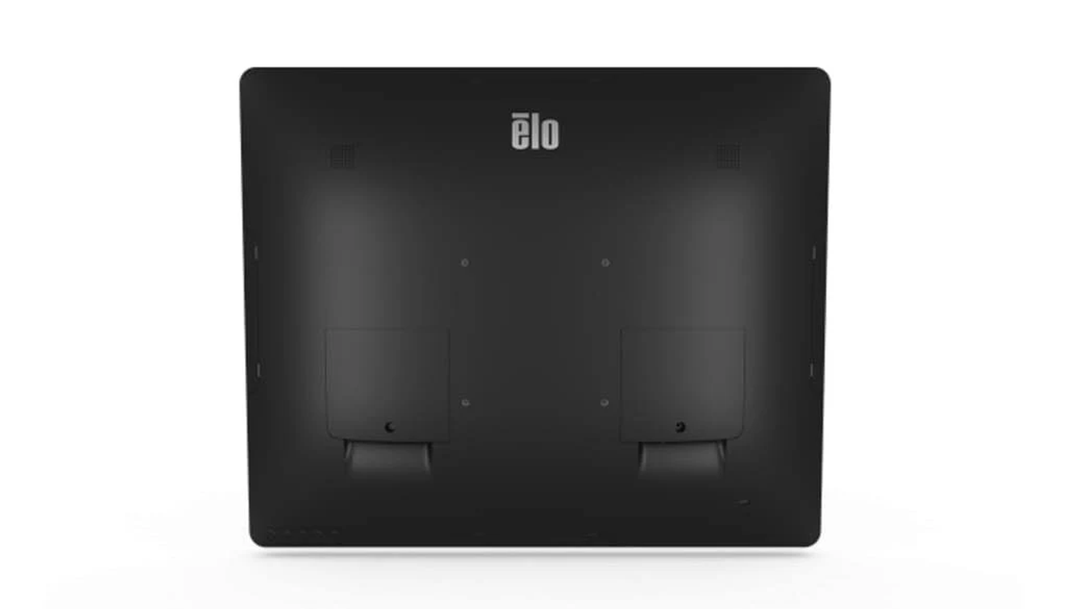 Schwarze Monitorrückseite mit 'elo'-Logo und zwei rechteckigen Fächern.