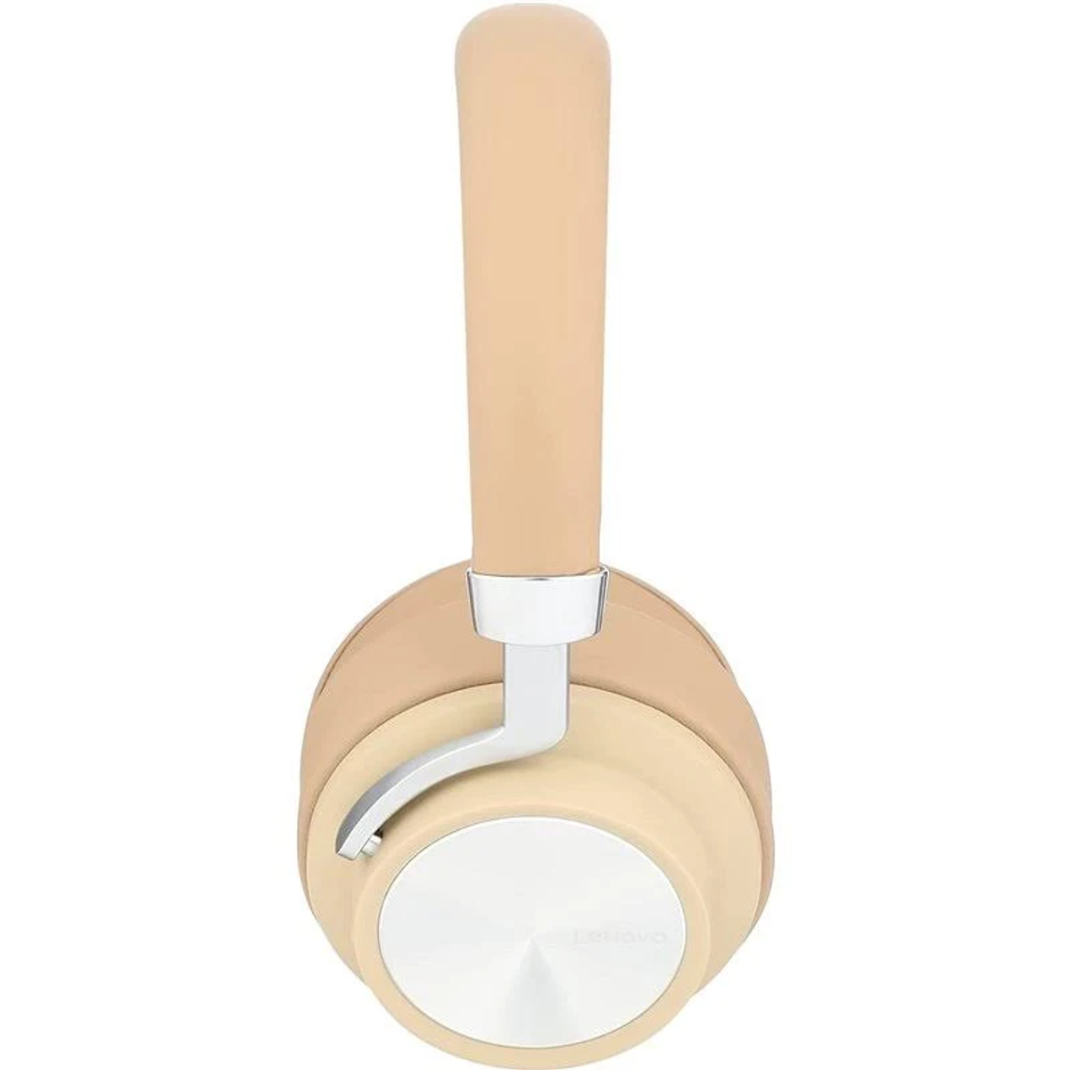Auriculares beige con detalles plateados. La diadema es beige y los auriculares beige y blancos.