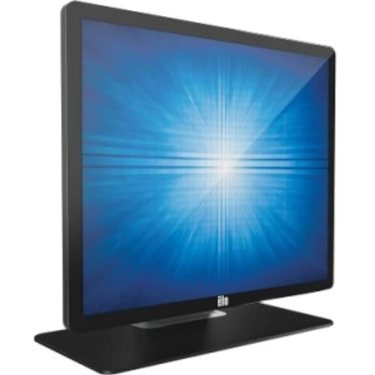 Ein schwarzer Computermonitor mit blauem Leuchtschirm, auf einem schwarzen Ständer, Seitenansicht.