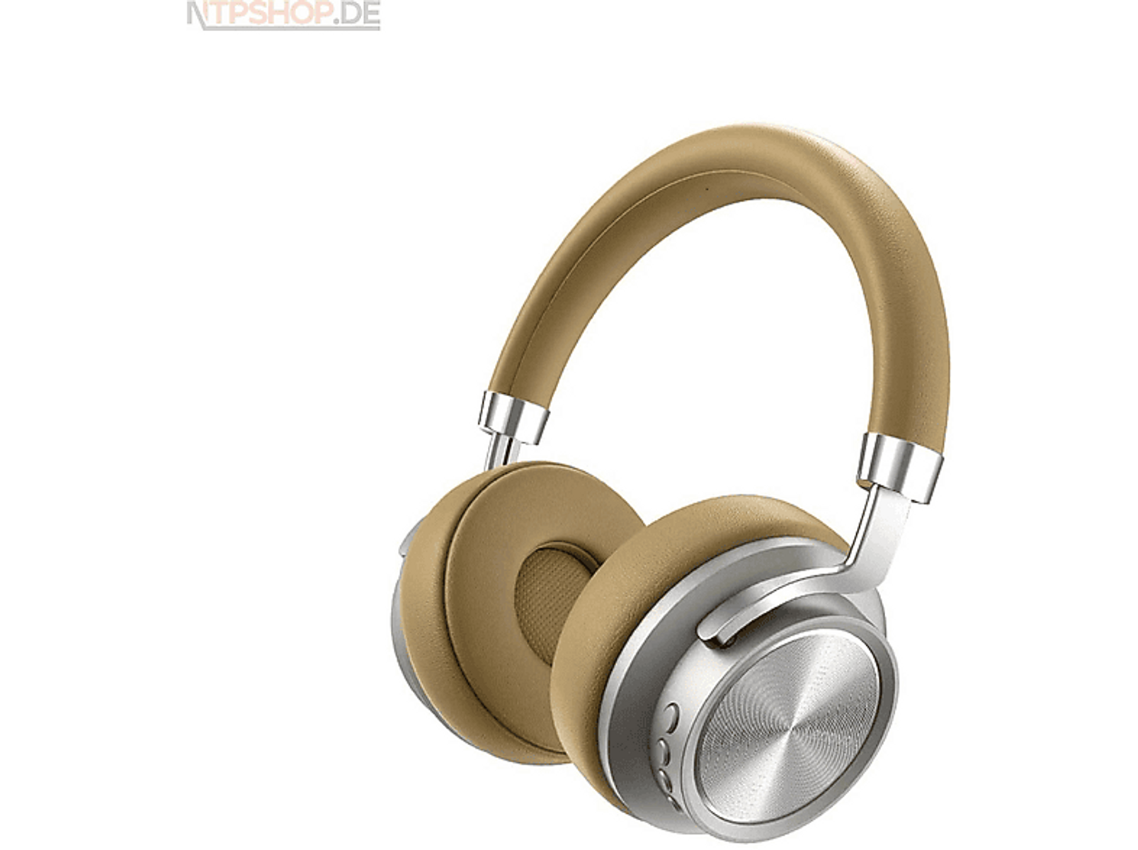 Auriculares color arena y plateados con fondo blanco.