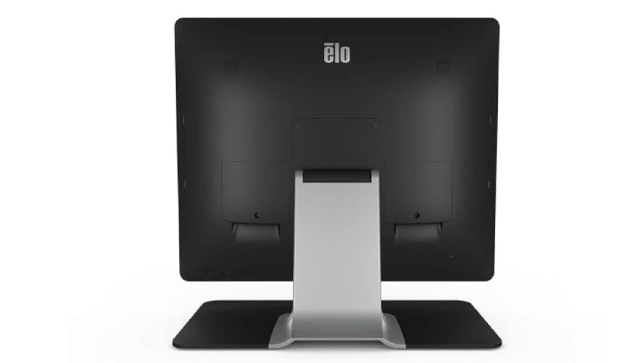 Rückansicht eines schwarzen Computermonitors mit silbernem Ständer, das 'elo'-Logo.