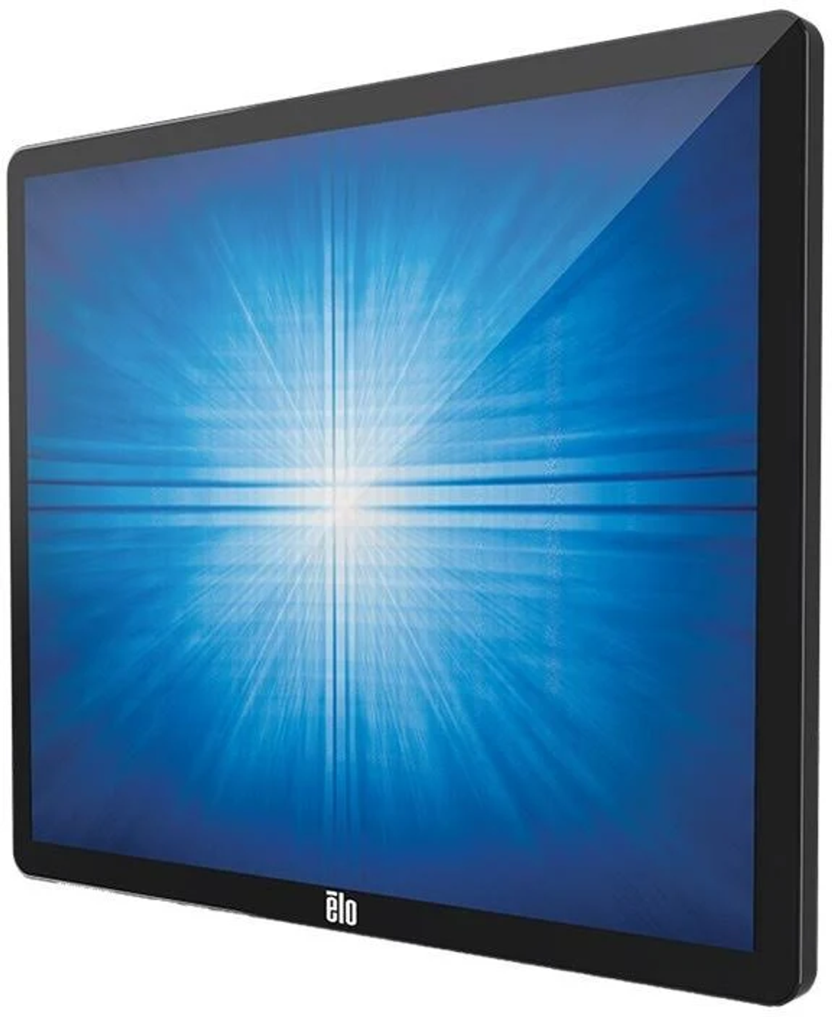 Großer schwarzer Elo-Touchscreen-Monitor, blauer Hintergrund.