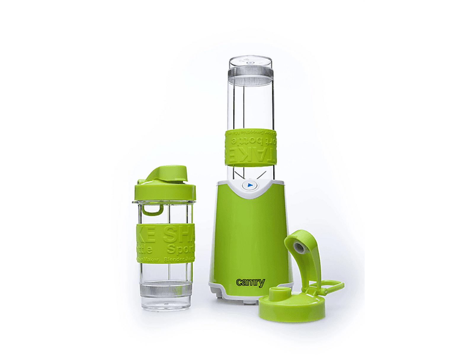 Frullatore verde con shaker e coperchio. Il frullatore ha una base verde e una bottiglia trasparente.