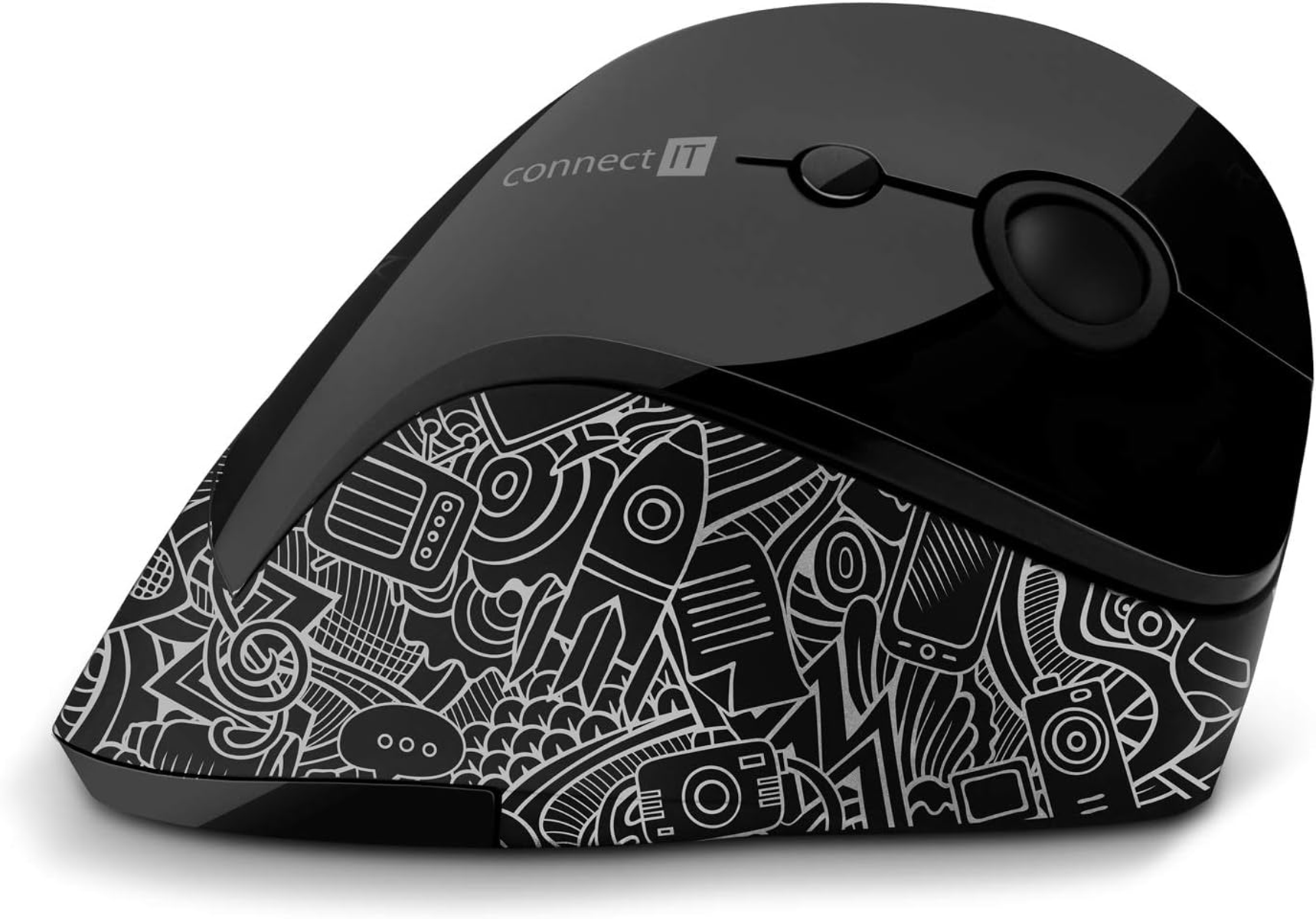 Schwarze connect IT-Maus mit Doodle-Design an der Seite. Die Maus befindet sich auf weißem Hintergrund.
