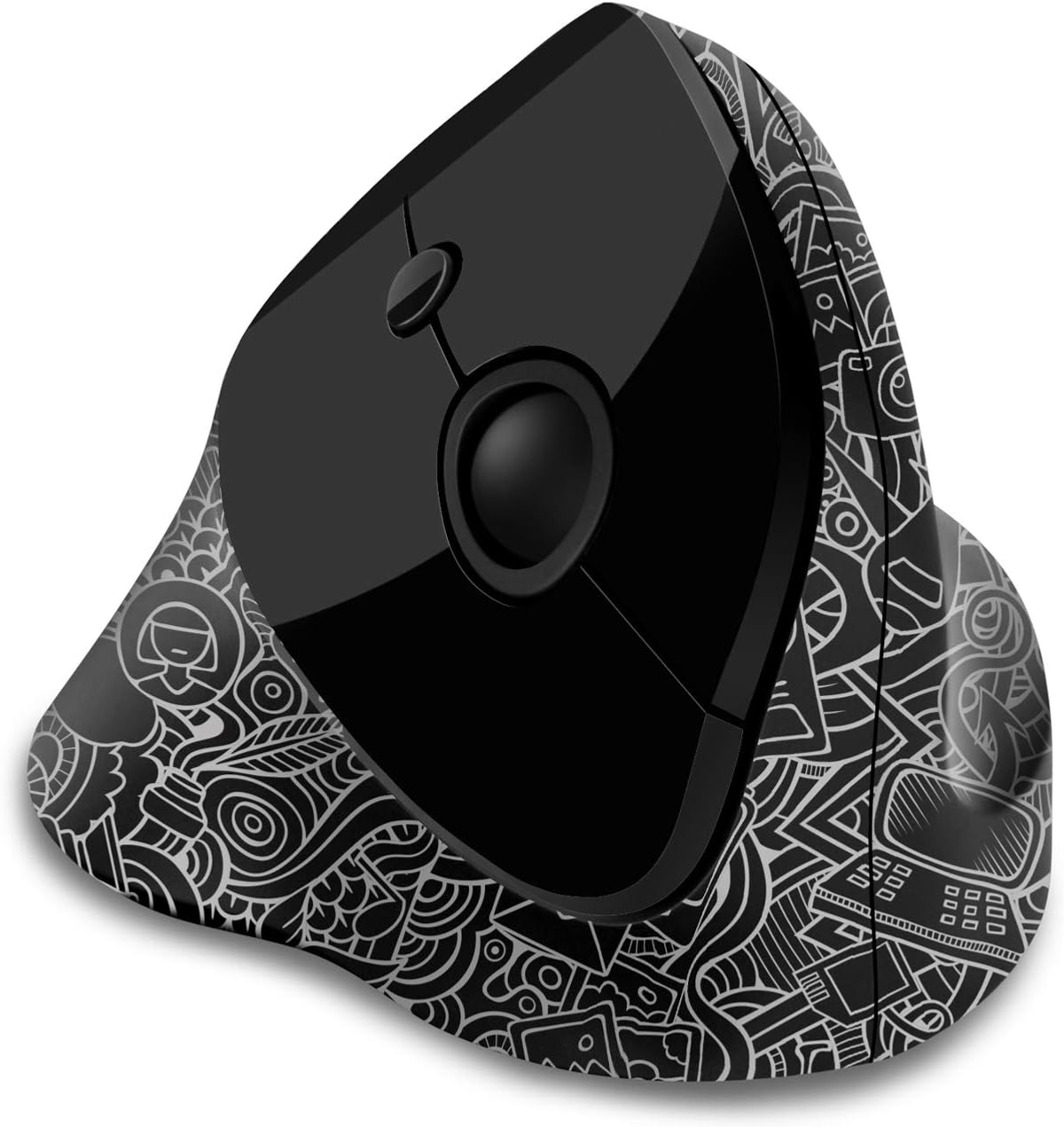 Schwarze ergonomische Maus mit detailliertem Muster. Weißer Hintergrund.