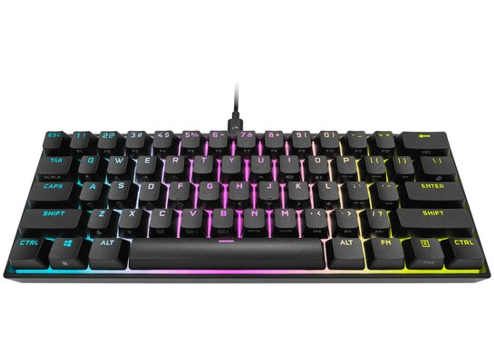Teclado negro con teclas iluminadas, vista frontal, fondo blanco. Iluminación RGB.