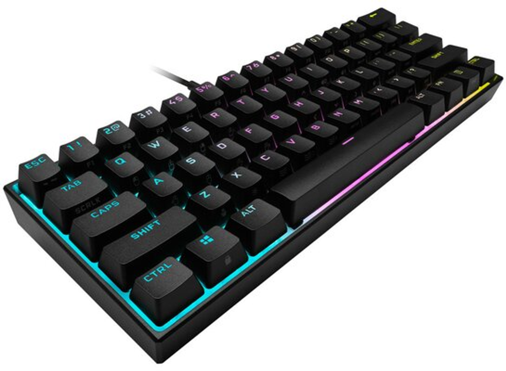 Un teclado compacto negro con teclas iluminadas. El teclado tiene un marco negro con una tira de luz colorida.