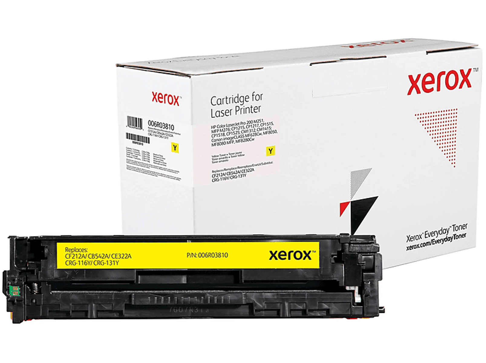 Wkład z tonerem do drukarki Xerox i pudełko. Wkład jest żółty.