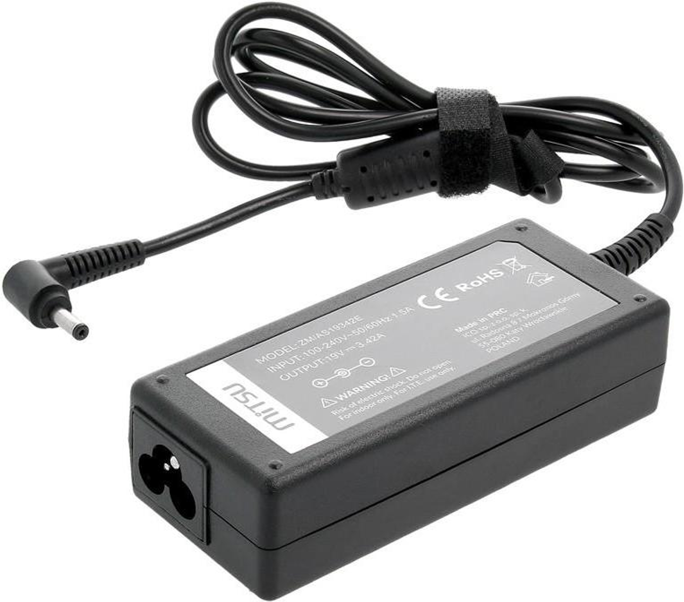 Ein schwarzes Laptop-Ladegerät mit Stecker und Netzkabel.