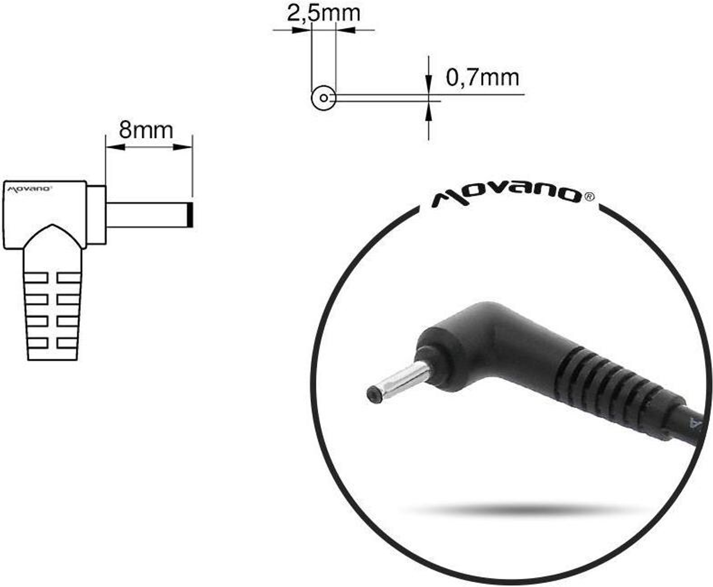 Diagramm eines schwarzen, abgewinkelten Netzadapters mit Abmessungen und Markenlogo.