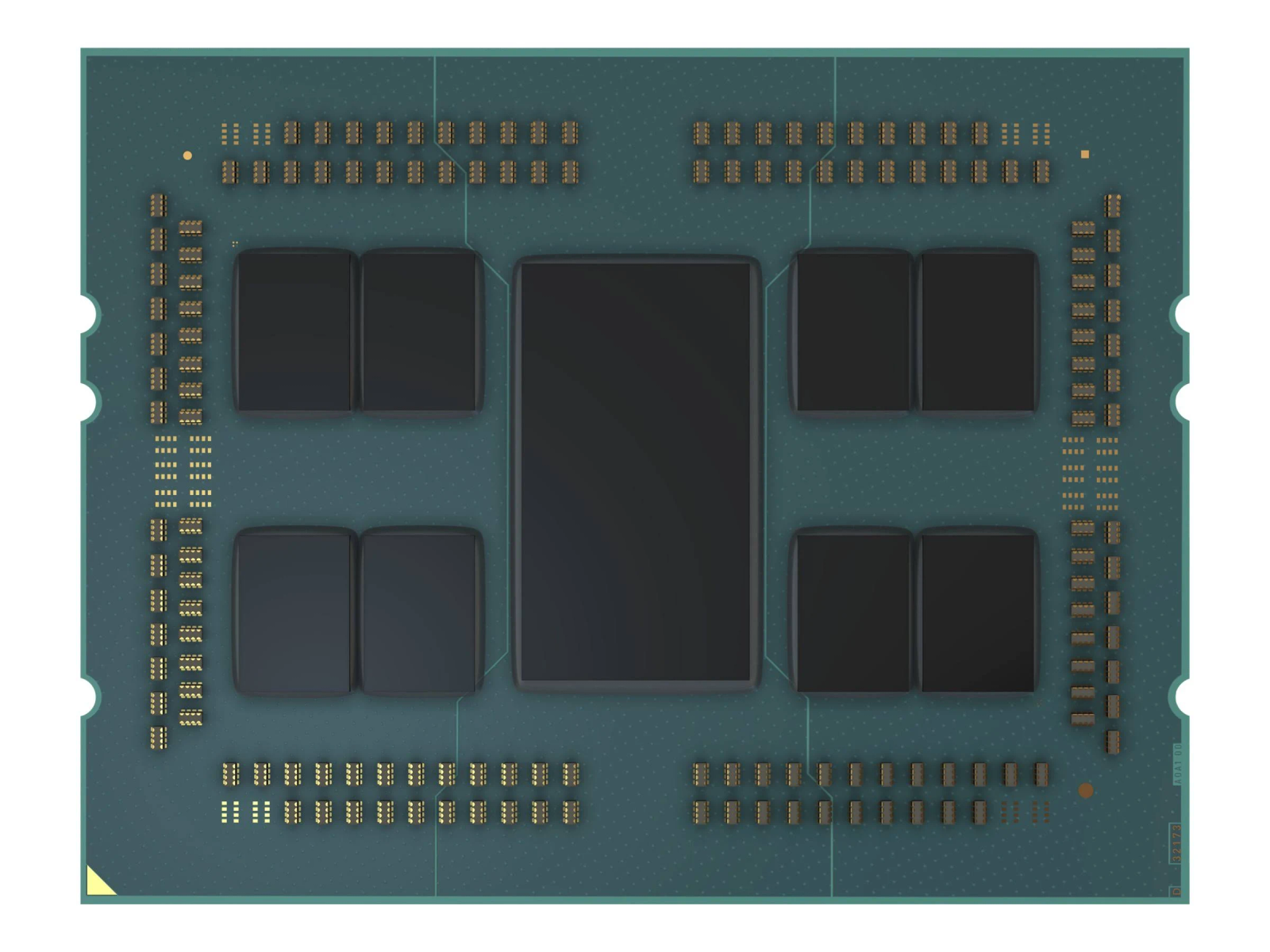 Draufsicht auf eine CPU. Es ist ein grünes Quadrat mit schwarzen Quadraten und goldenen Pins.