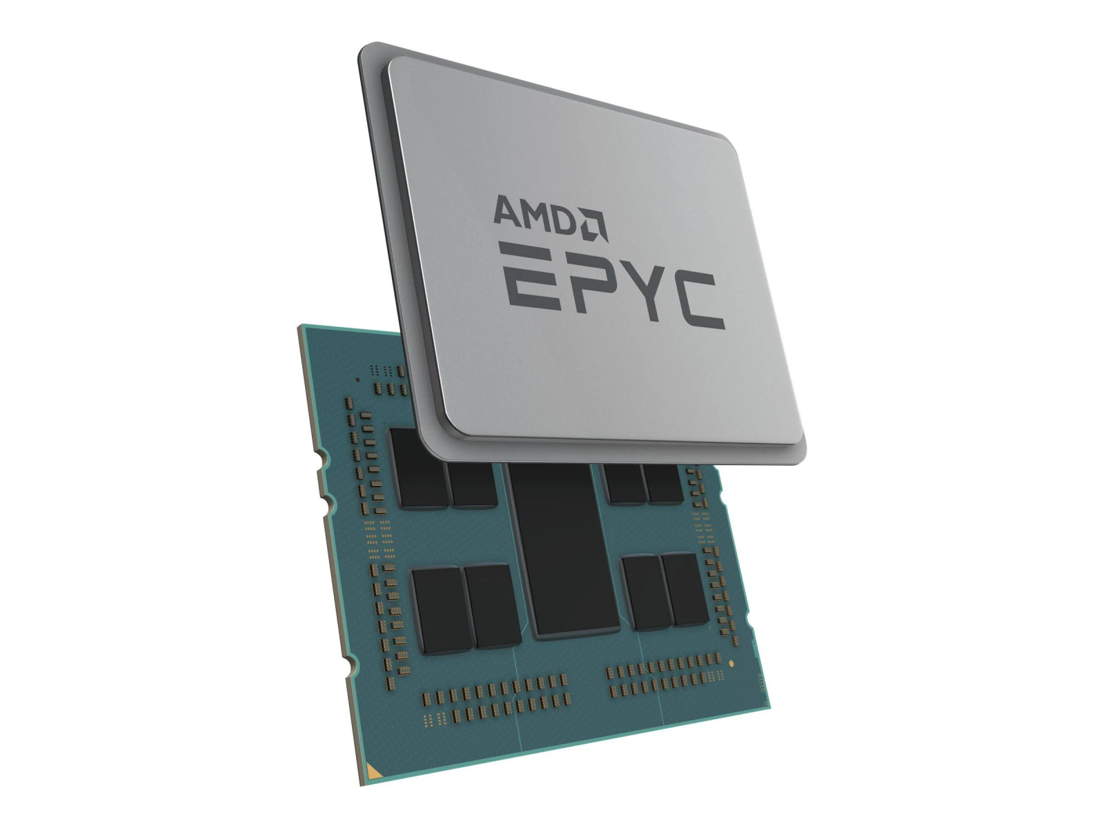 AMD EPYC Prozessor, silberne Abdeckung auf grüner Platine, weißer Hintergrund.