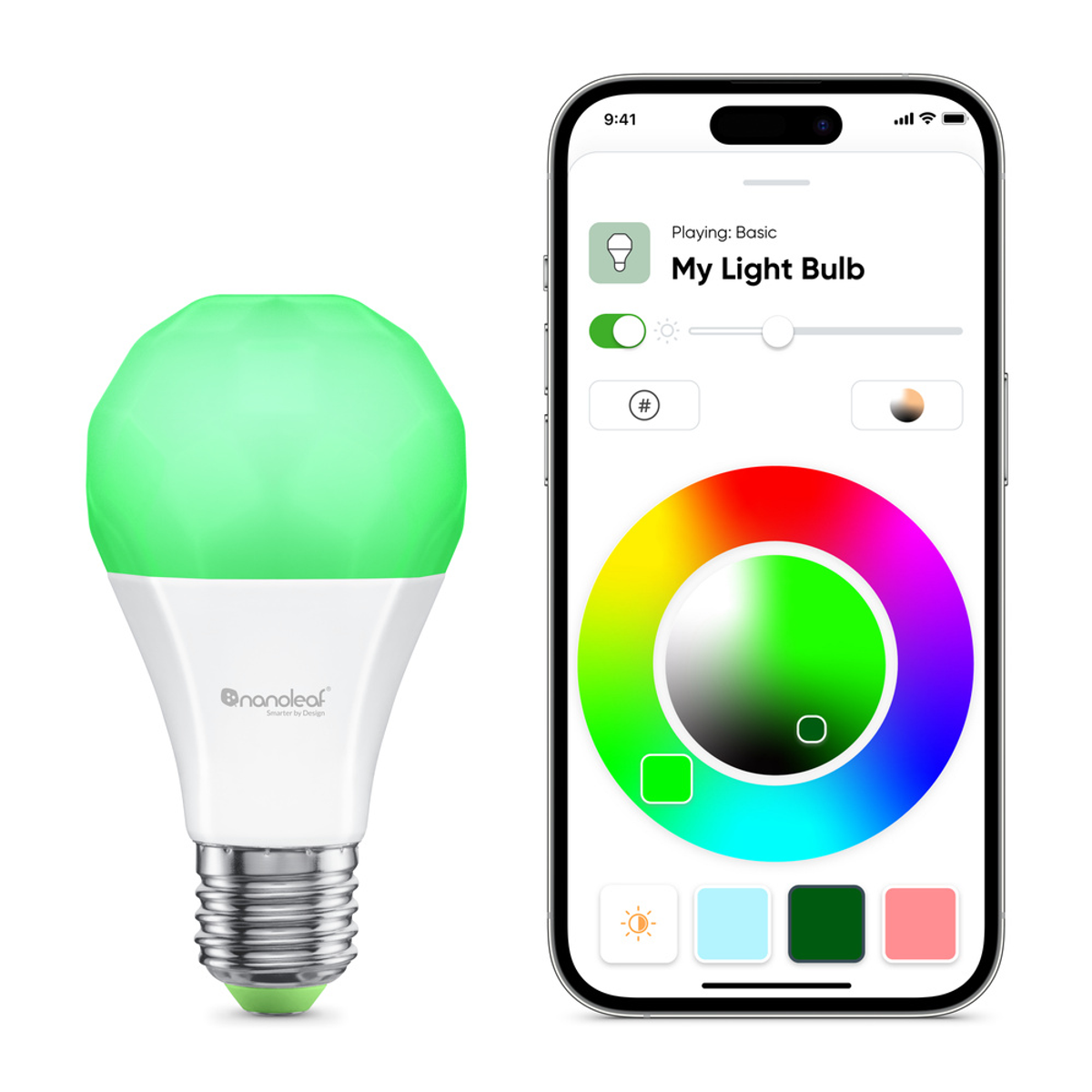 Lampadina intelligente con luce verde, accanto a uno smartphone che mostra la personalizzazione del colore.