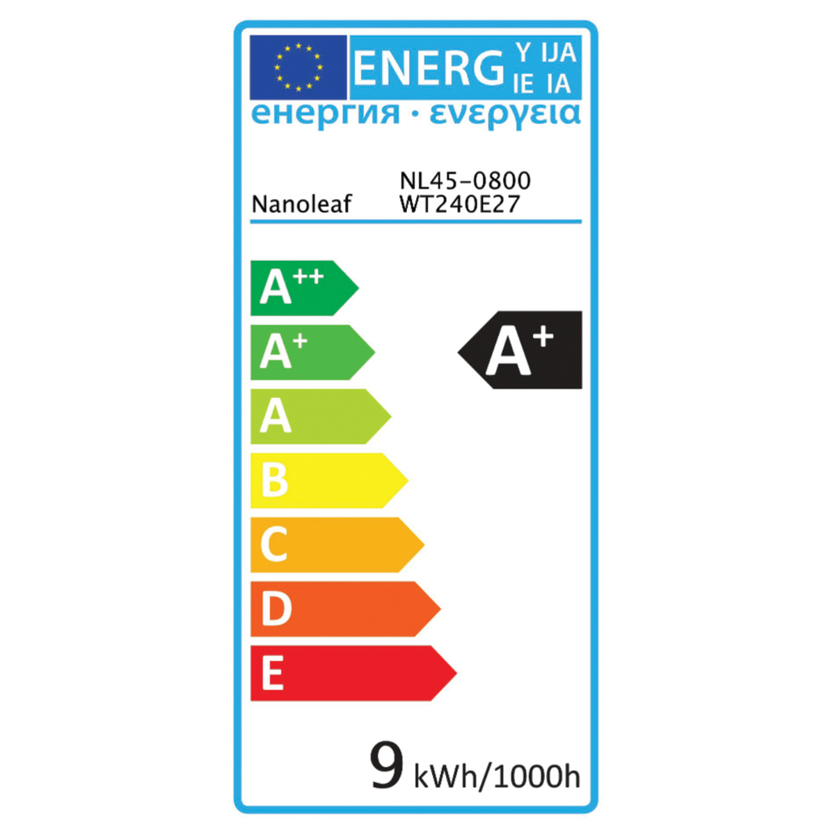 Etichetta energetica per una lampadina NanoLeaf. Mostra le valutazioni da A++ a E, con l'A+ evidenziato.