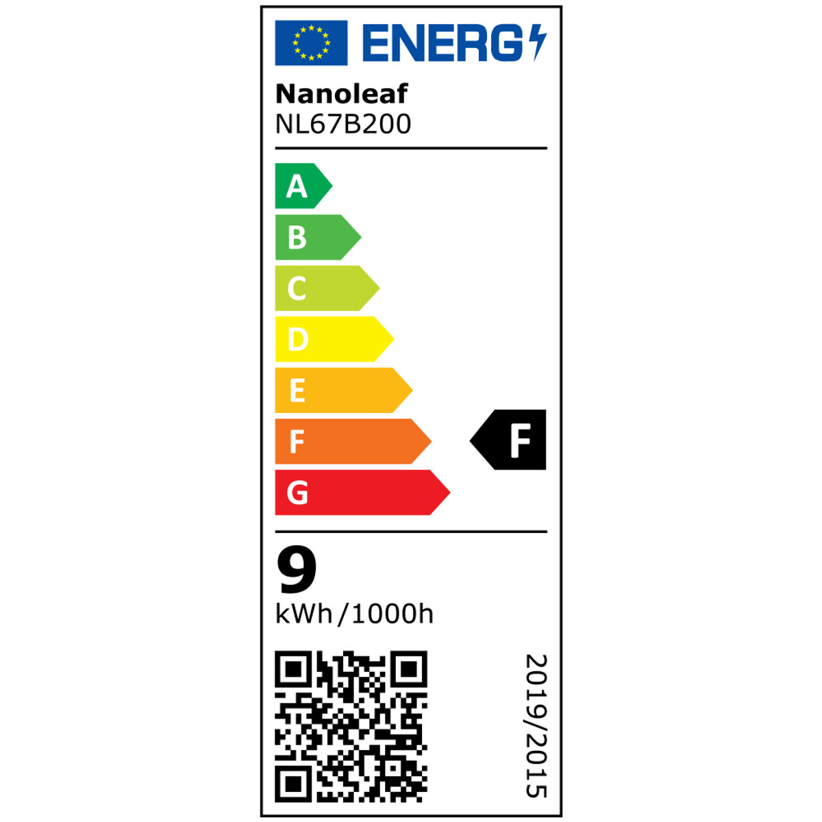 Etichetta energetica Nanoleaf che mostra una classificazione F, con altre informazioni.
