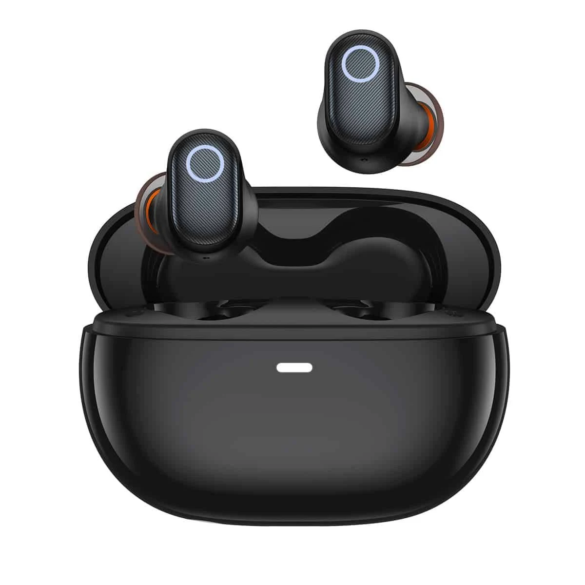 Auricolari wireless neri in una custodia di ricarica. Due auricolari, uno nella custodia, con una luce.